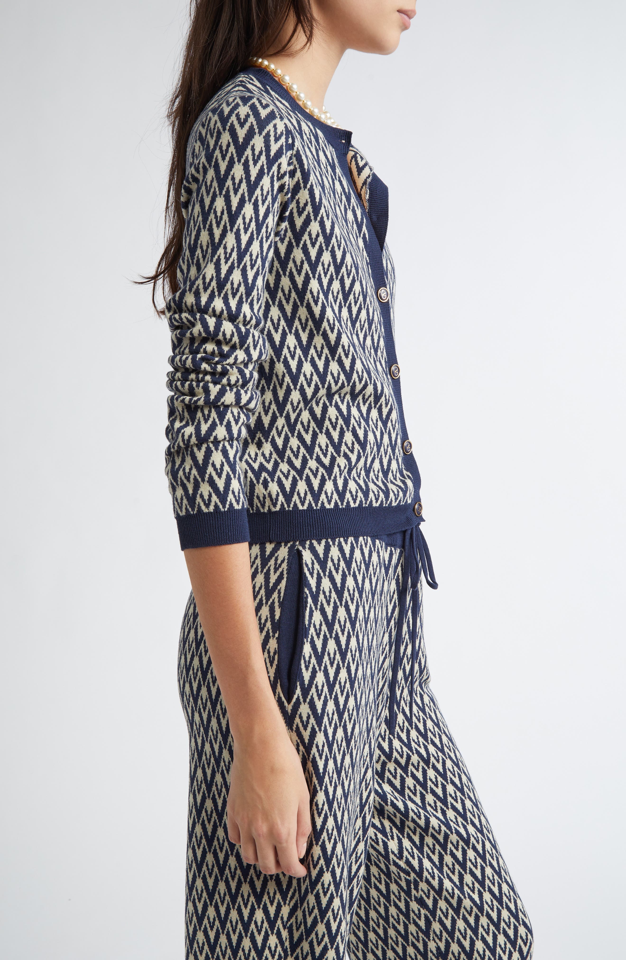 Valentino Garavani Toute La V Jacquard Virgin Wool Cardigan in Navy/Cream at Nordstrom - 4