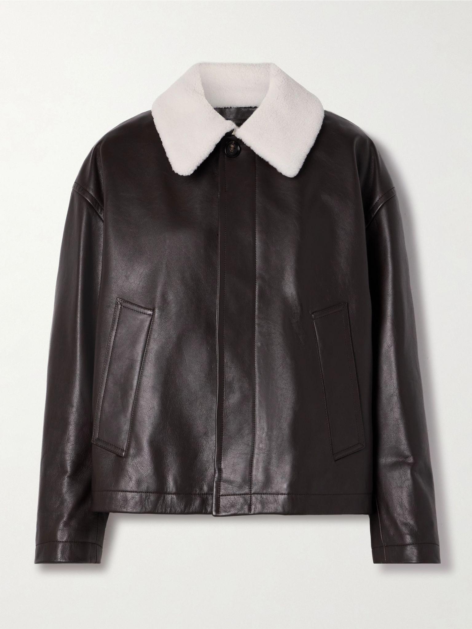 Shearling-trimmed leather jacket Dark brown - 1