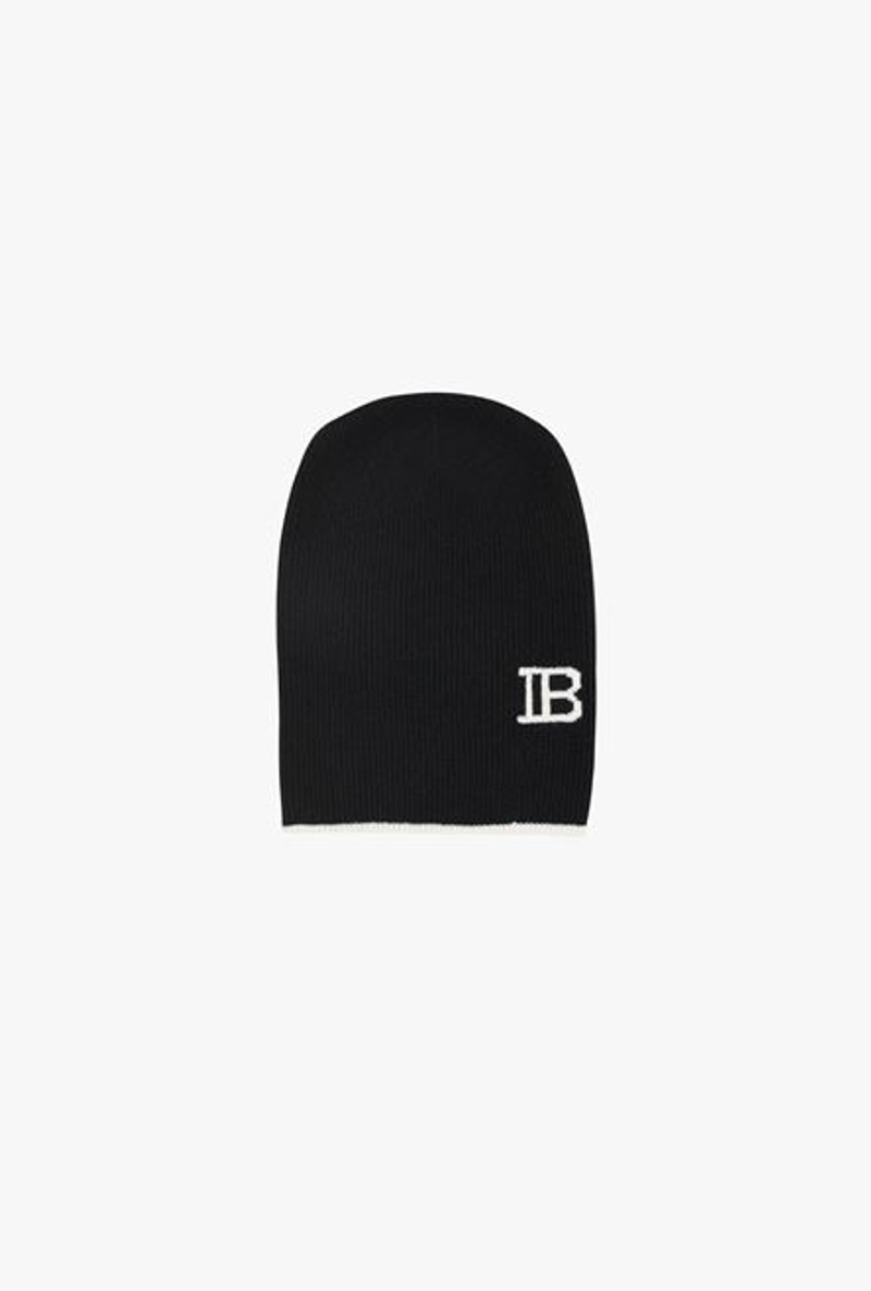 Black wool and cashmere beanie with white Balmain logo 1