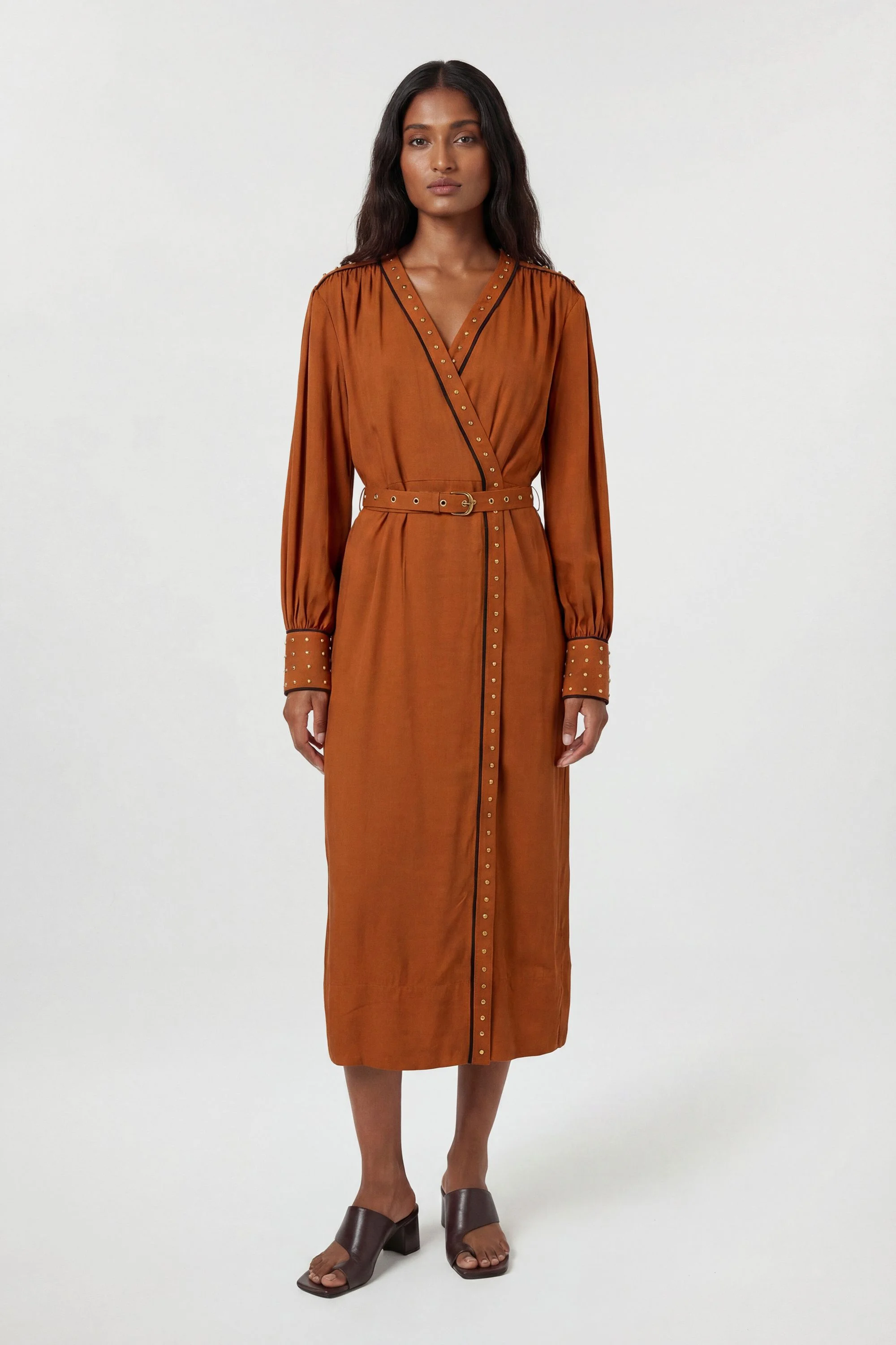 Premium Viscose Linen Woven Wrap Dress With Stud Detail - 1