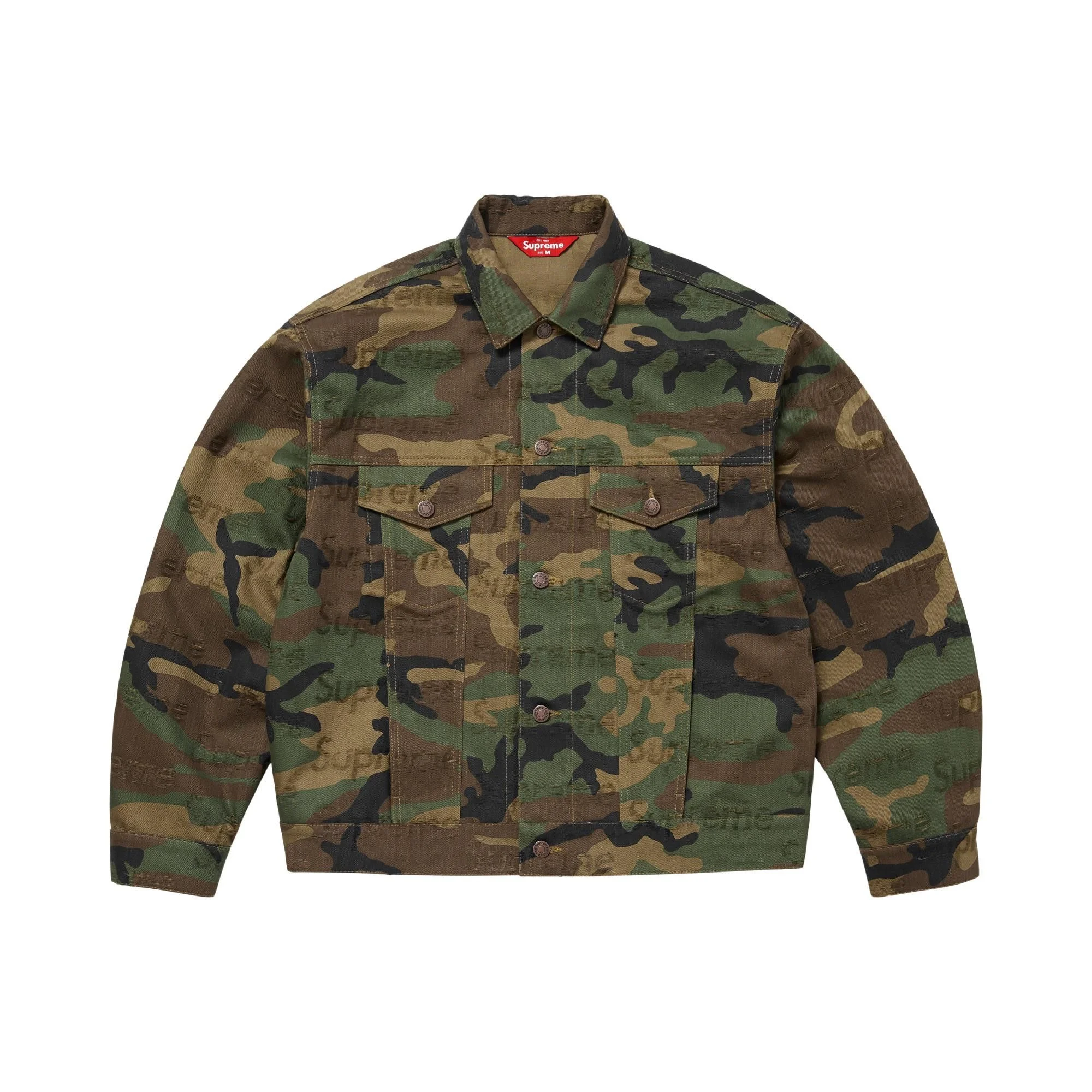 Supreme Jacquard Logos Denim Trucker Jacket 'Woodland Camo' - 1
