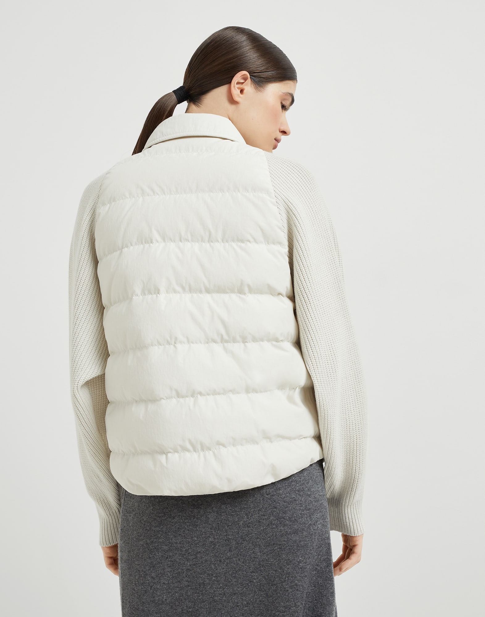 Water-resistant techno cotton and virgin wool, cashmere and silk knit down jacket with shiny flap de - 2