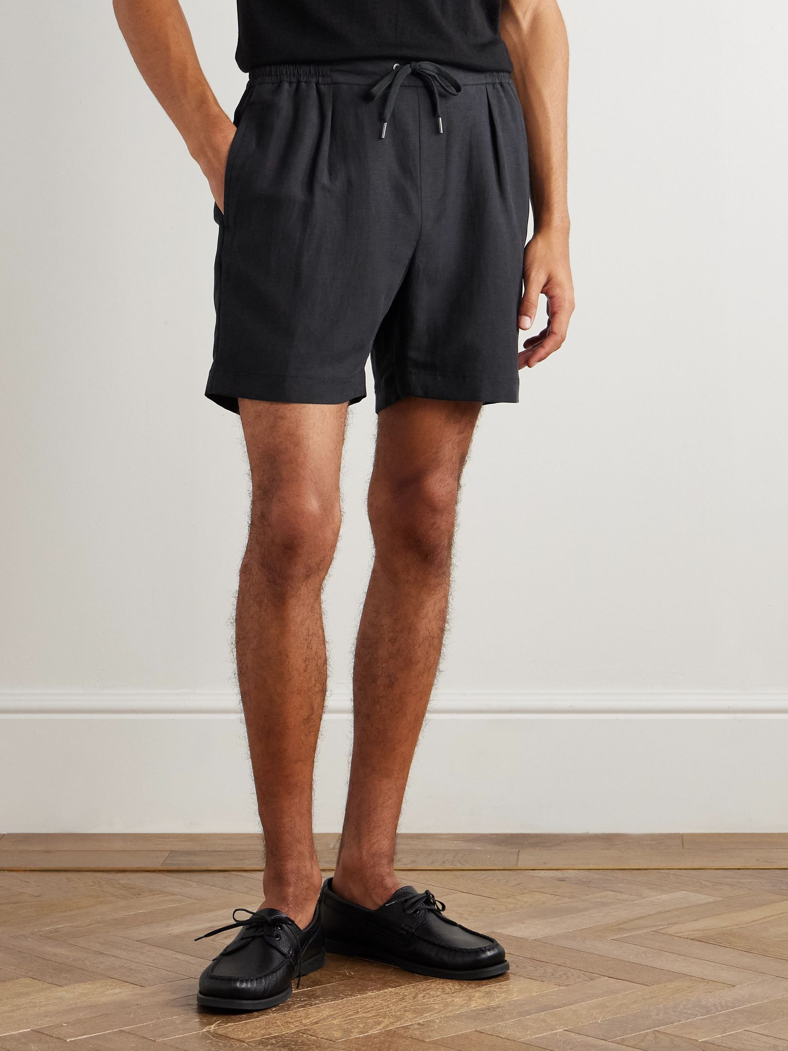 Dorest Straight-Leg Pleated Silk and Linen-Blend Drawstring Shorts Black - 3