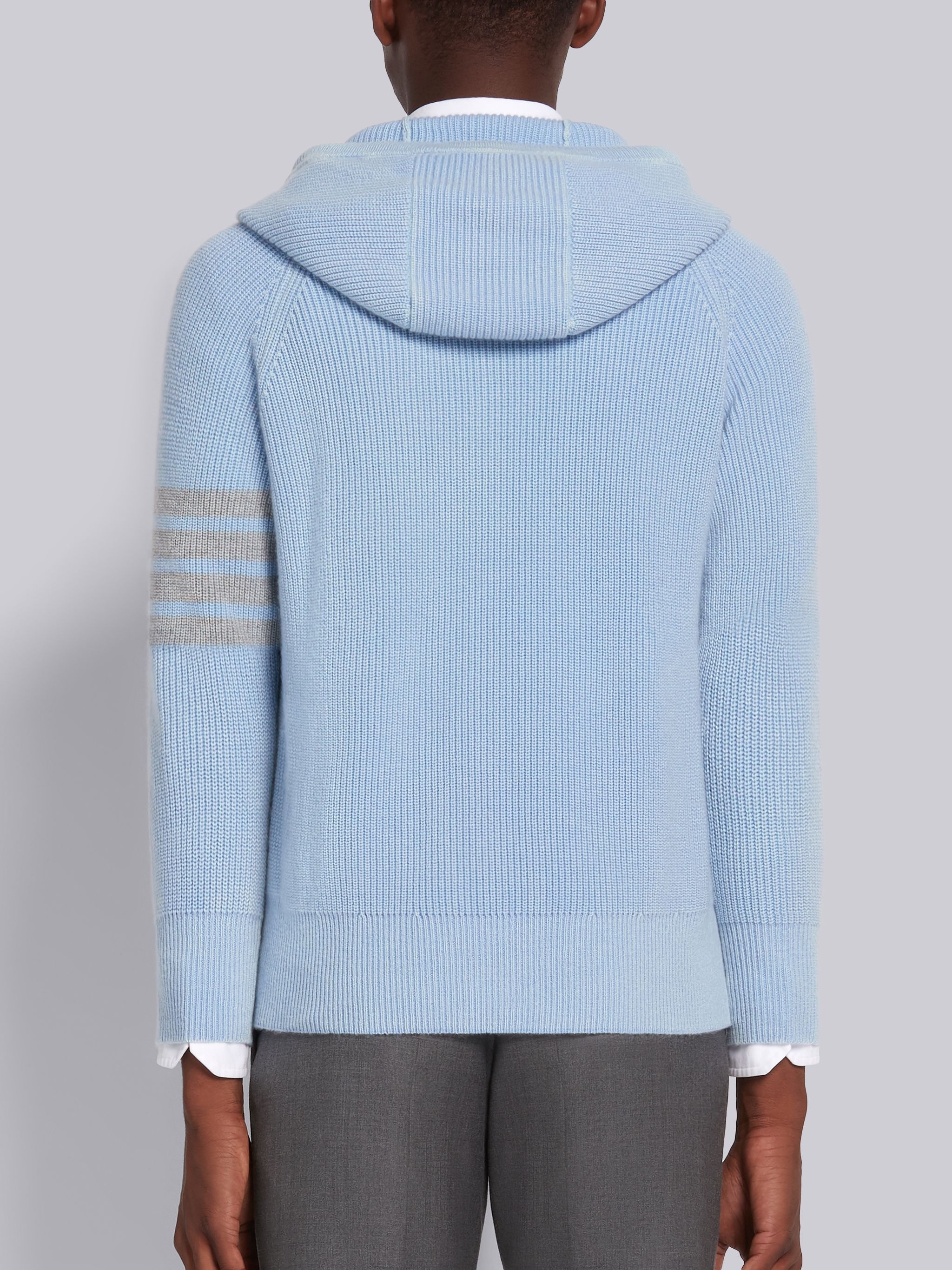 Light Blue Cashmere Garment Dyed Half Cardigan Stitch Relaxed 4-Bar Pullover Hoodie - 3