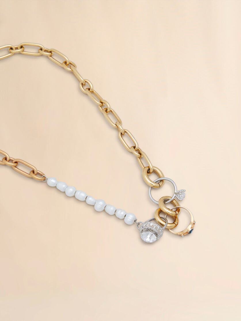 MIXED LINK CHAIN NECKLACE WITH PEARLS AND RINGS - 2