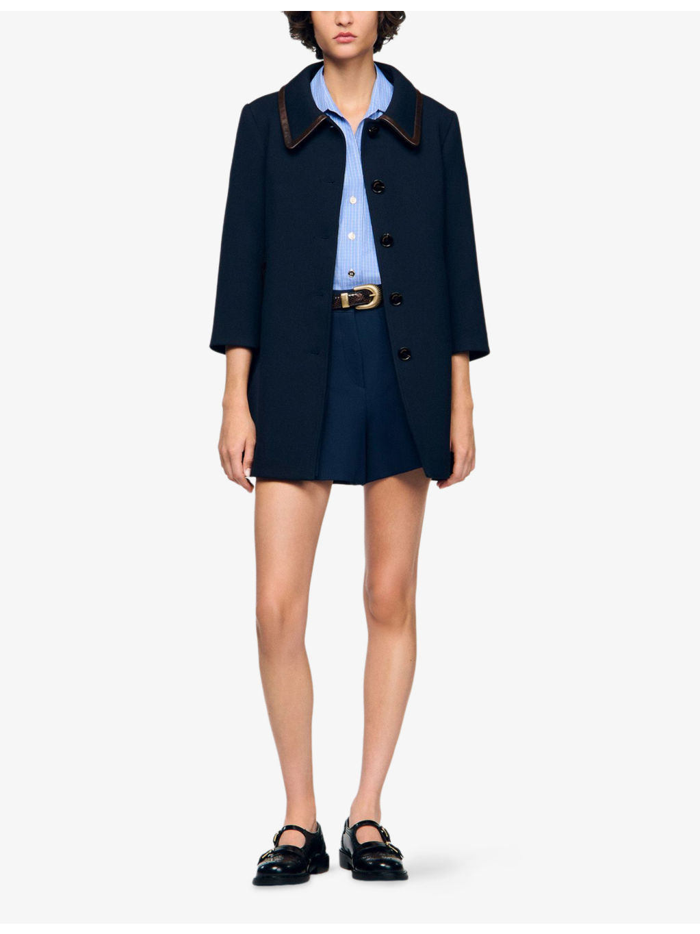 Side-Pocket Leather-Trim Woven Coat - 2