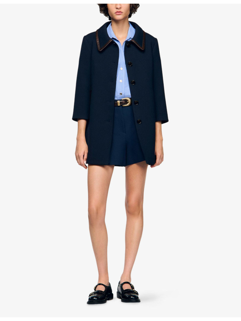 Sandro Side-Pocket Leather-Trim Woven Coat outlook