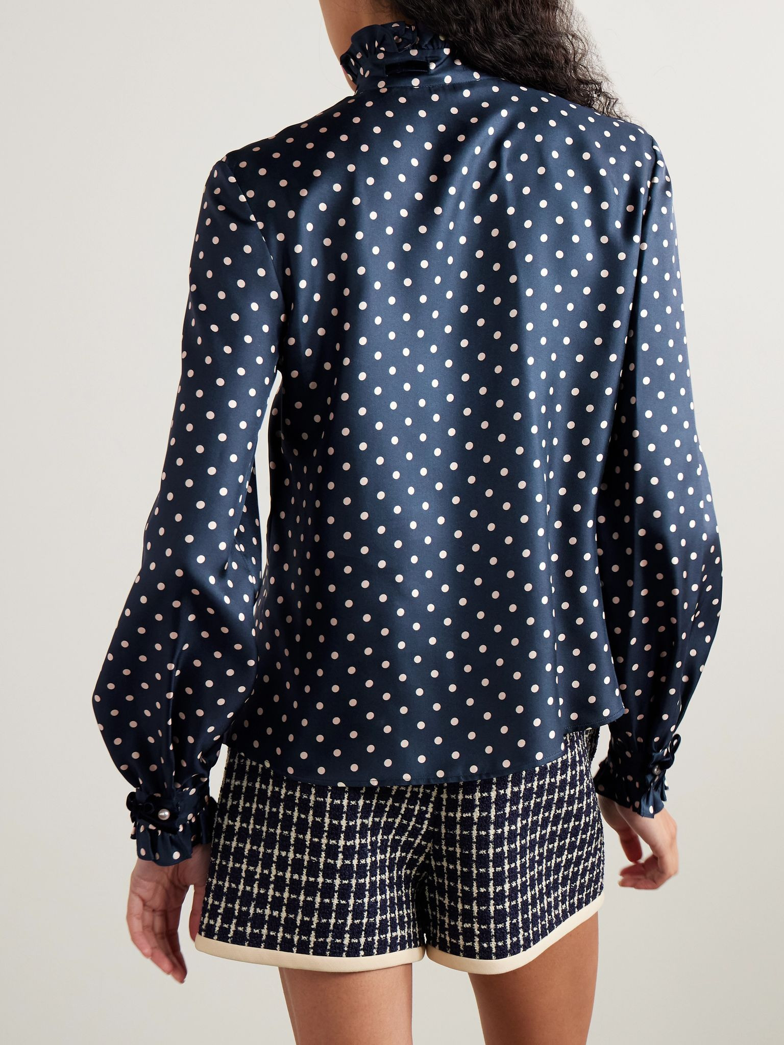 Velvet-trimmed ruffled polka-dot silk-twill shirt Navy - 4