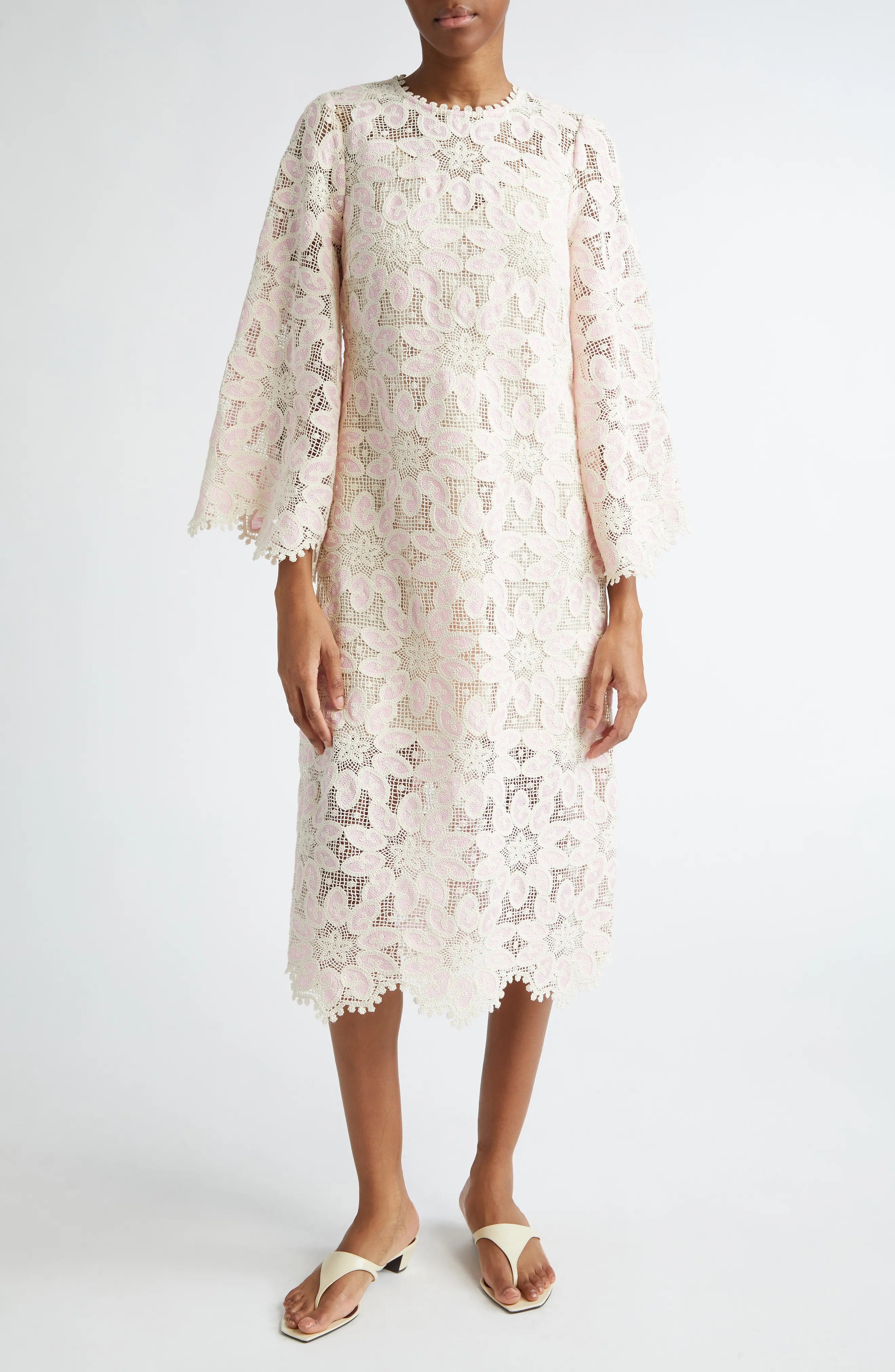 Ottie Long Sleeve Guipure Lace Cotton Blend Midi Dress in Cream/Pink - 1