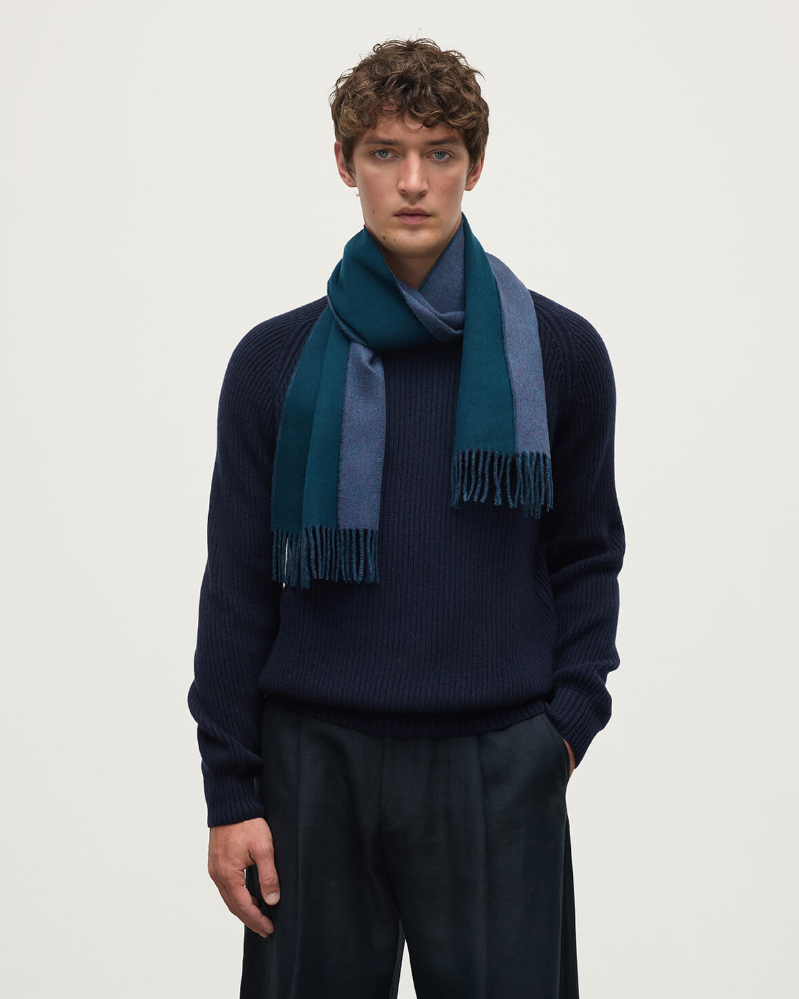 Contrast Reversible Green Cashmere Scarf - 2