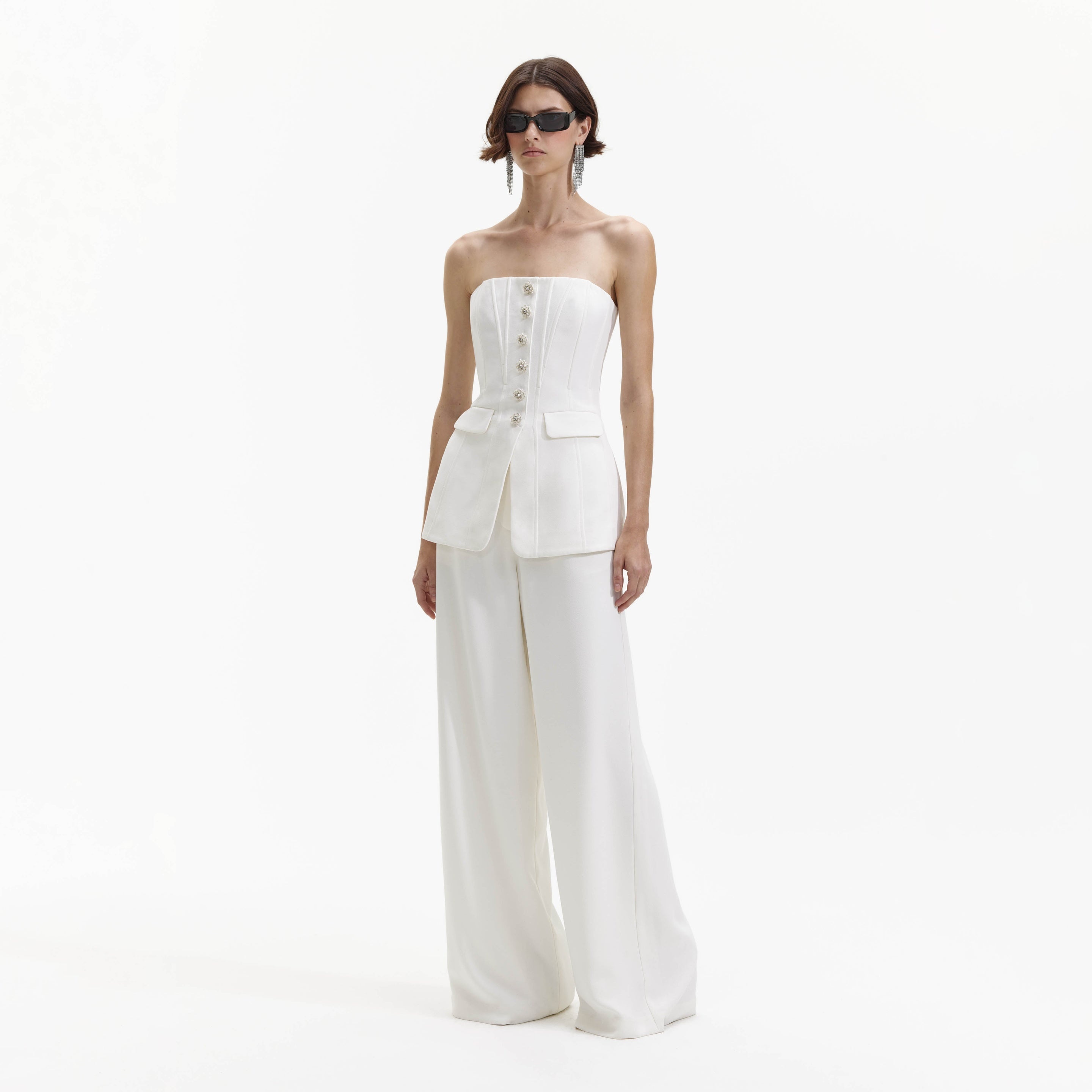 White Bandeau Crepe Jumpsuit - 2