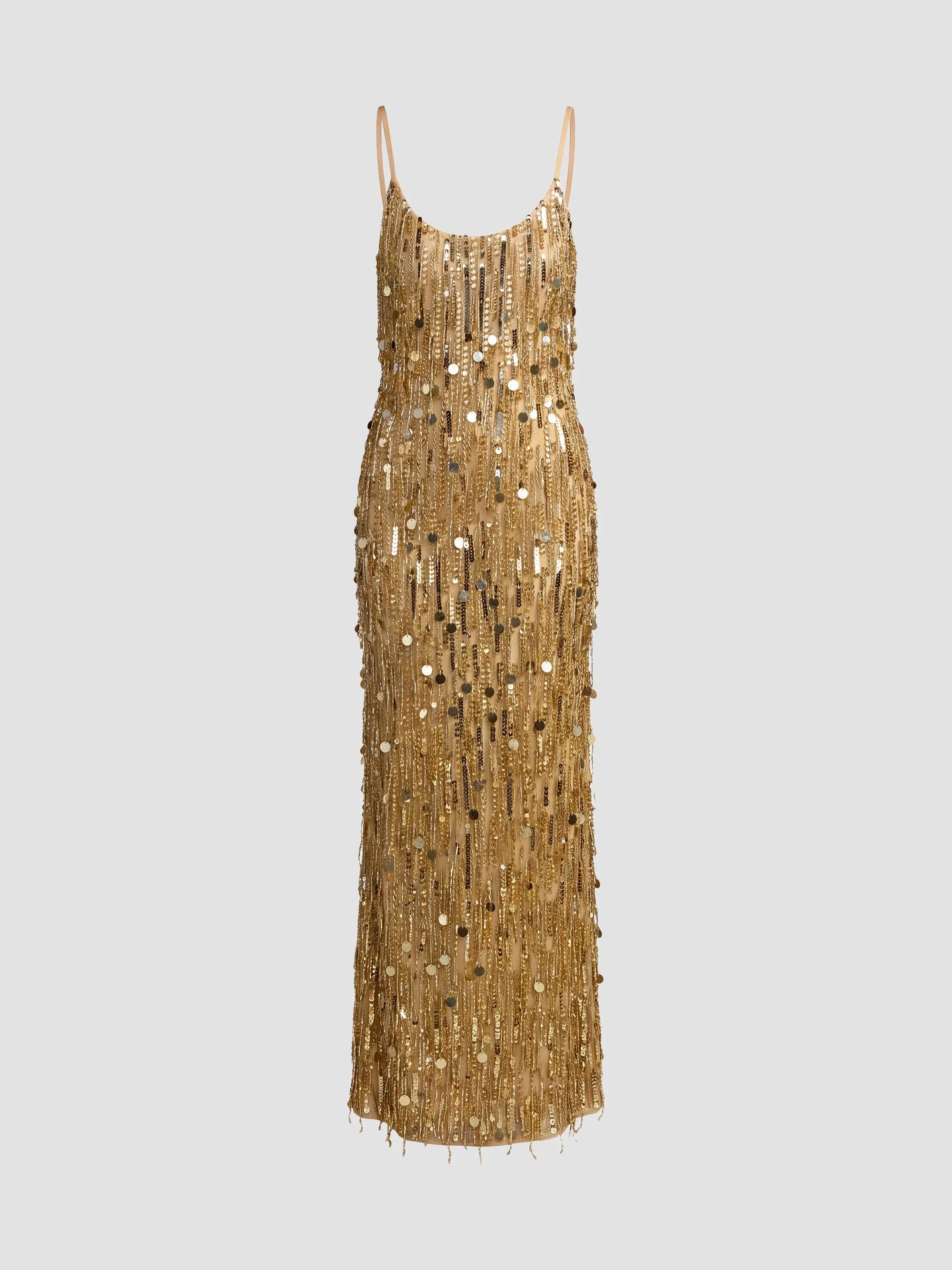 Women's Sequin Beaded Tassel Column Gown - Gold - 1