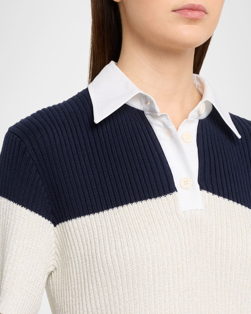 Shimmering Striped Cotton Rib Short-Sleeve Polo Sweater 5