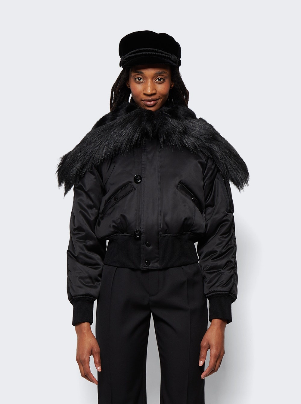 Bomber Jacket in Satin and Animal Free Fur Black - 3