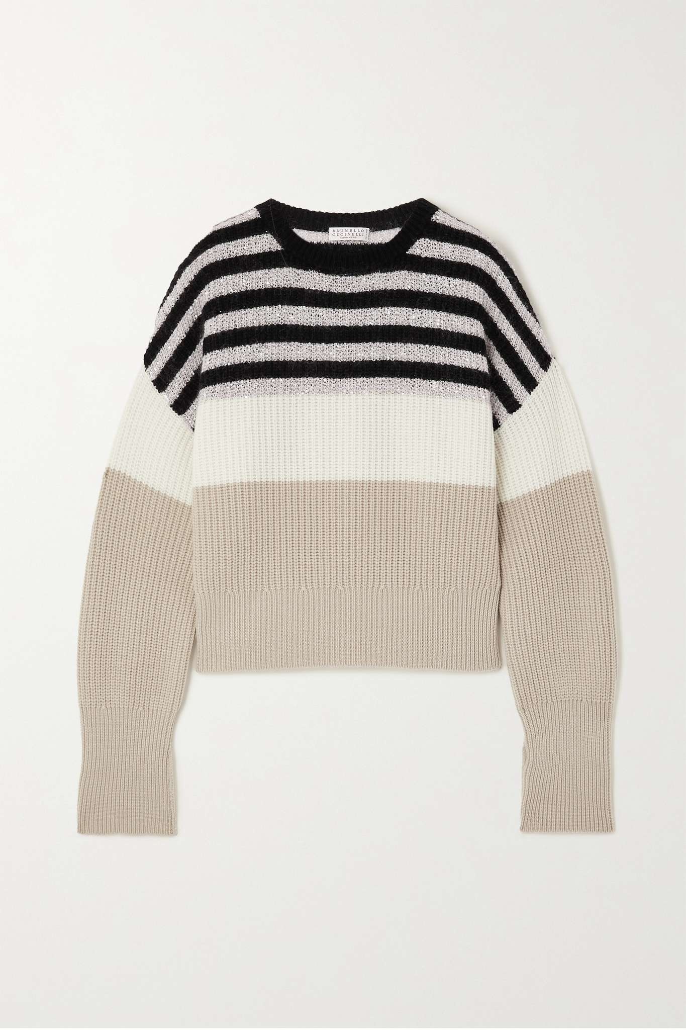 Striped sequin-embellished wool, cashmere and silk-blend sweater - 1