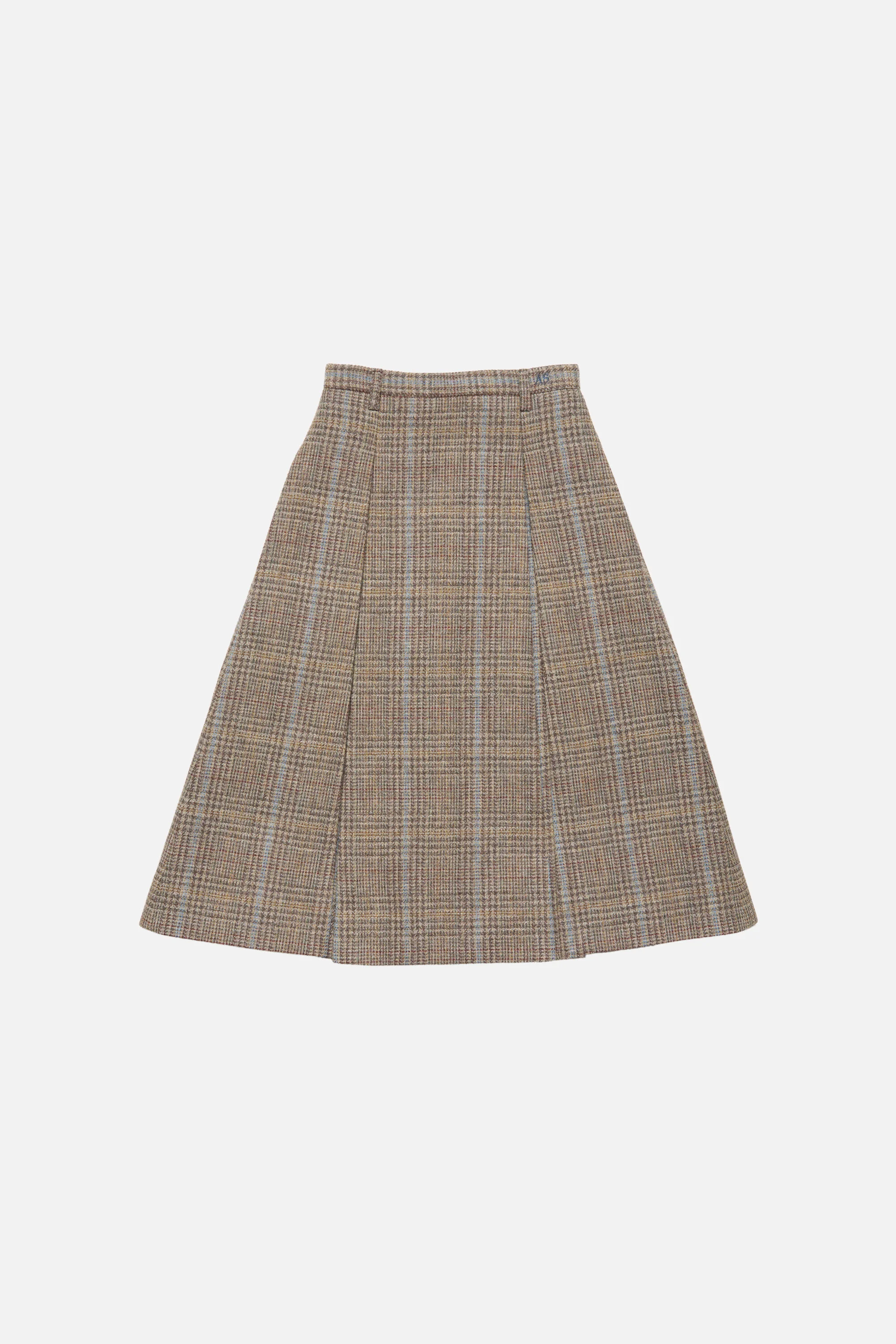 Long pleated wool skirt - Brown/blue multi - 1