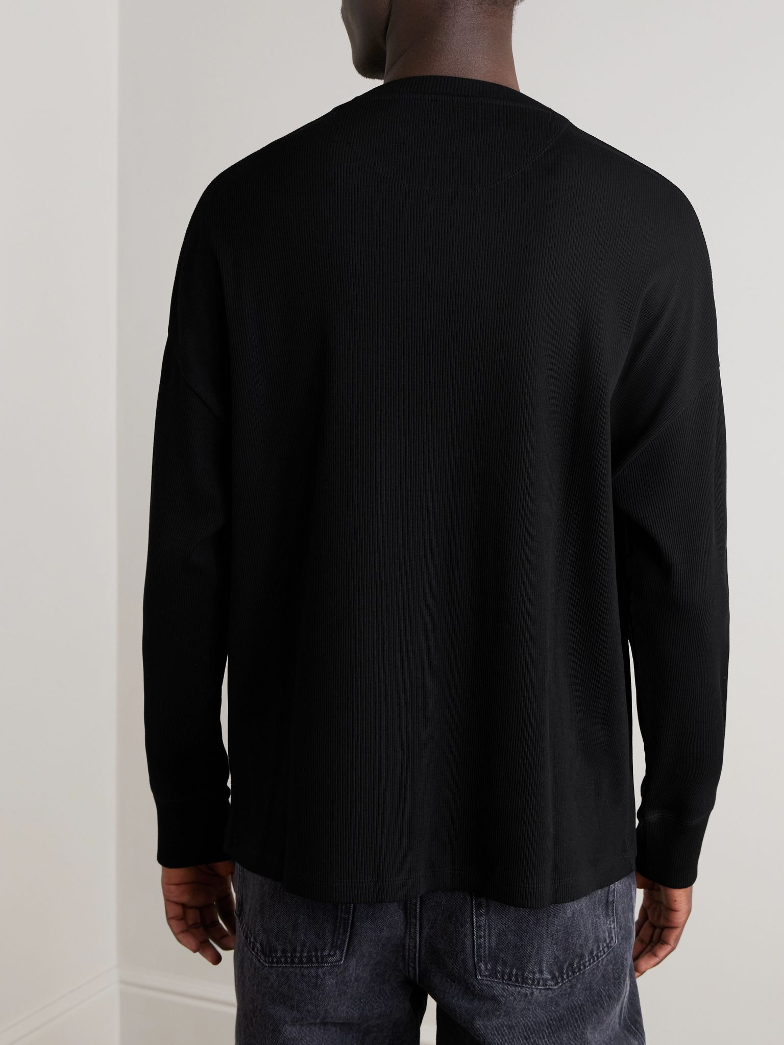 Oversized Logo-Embroidered Ribbed Cotton T-Shirt Black - 4