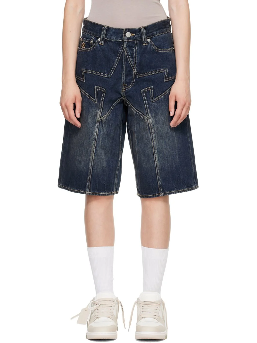 Navy BAPE Sta Patch Relaxed Fit Denim Shorts - 1