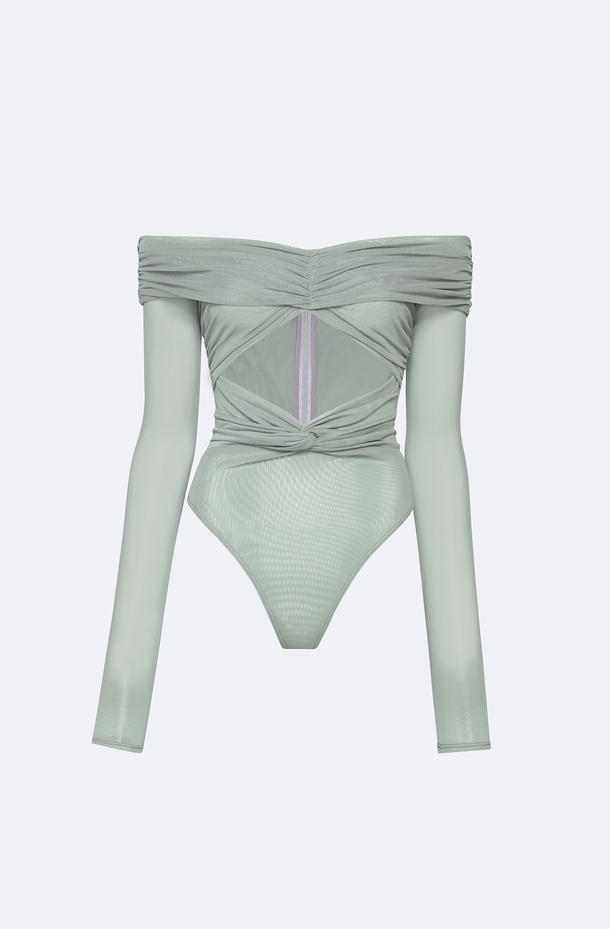 Mesh Off The Shoulder Cut Out Ruched Bodysuit - 1