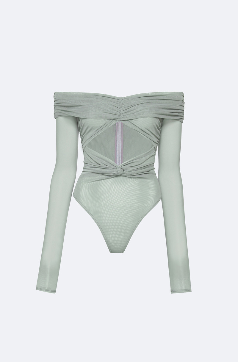 Mesh Off The Shoulder Cut Out Ruched Bodysuit 1