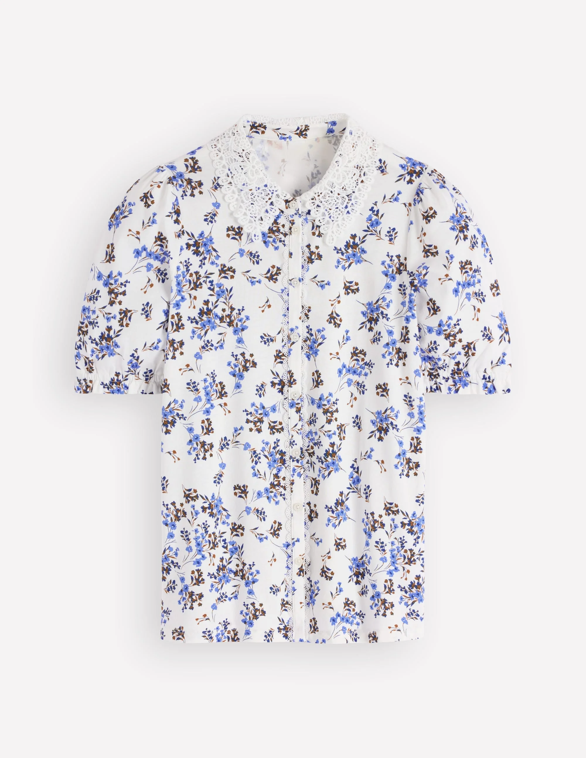 Nessa Broderie Collar Blouse-Ivory, Blue Bloom Scatter - 1