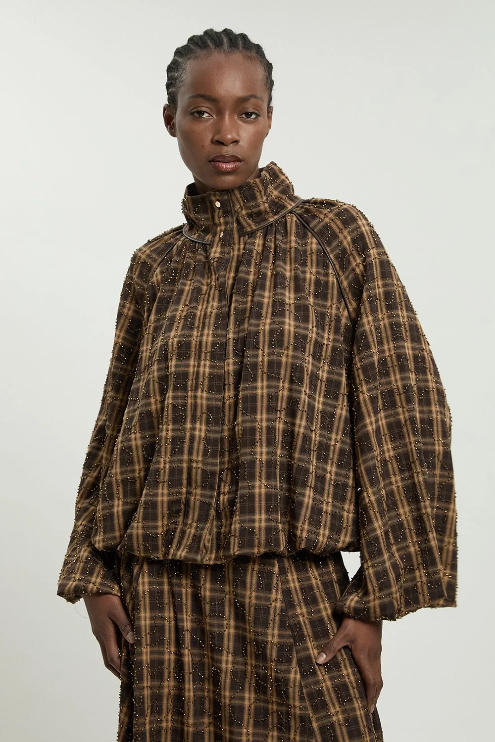 Beaded Check Print Bubble Hem High Neck Jacket - 1