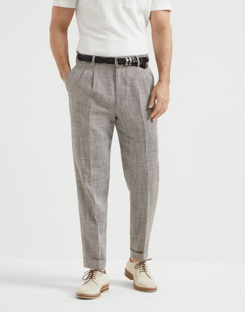 Silk, linen and cotton chevron leisure fit trousers with double pleats - 1