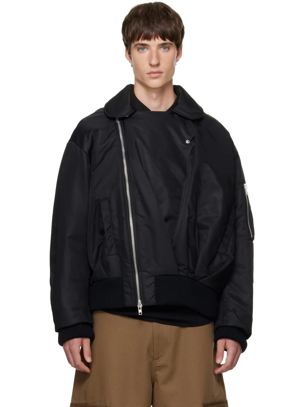 Black Draped Side Zip Bomber Jacket - 1