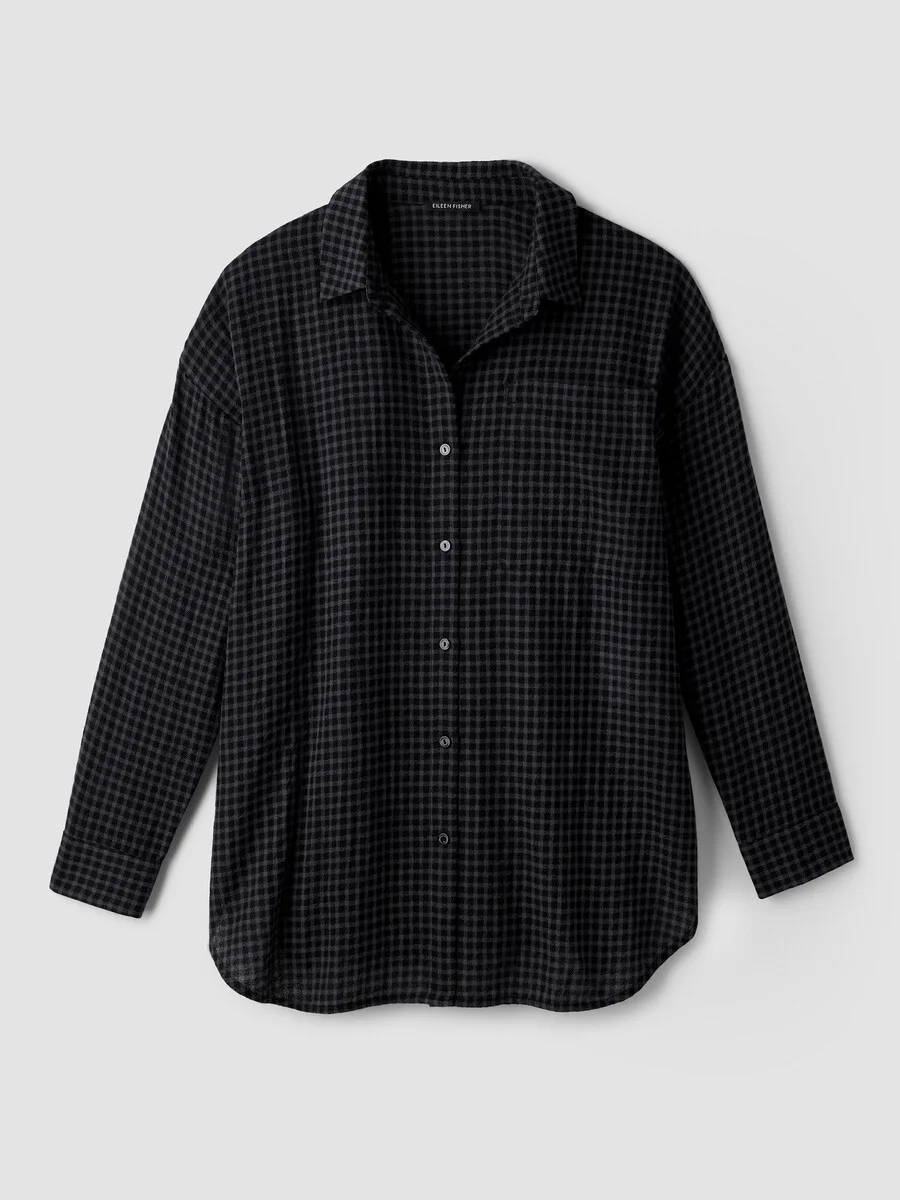 Wool Cotton Check Classic Collar Long Shirt - 1