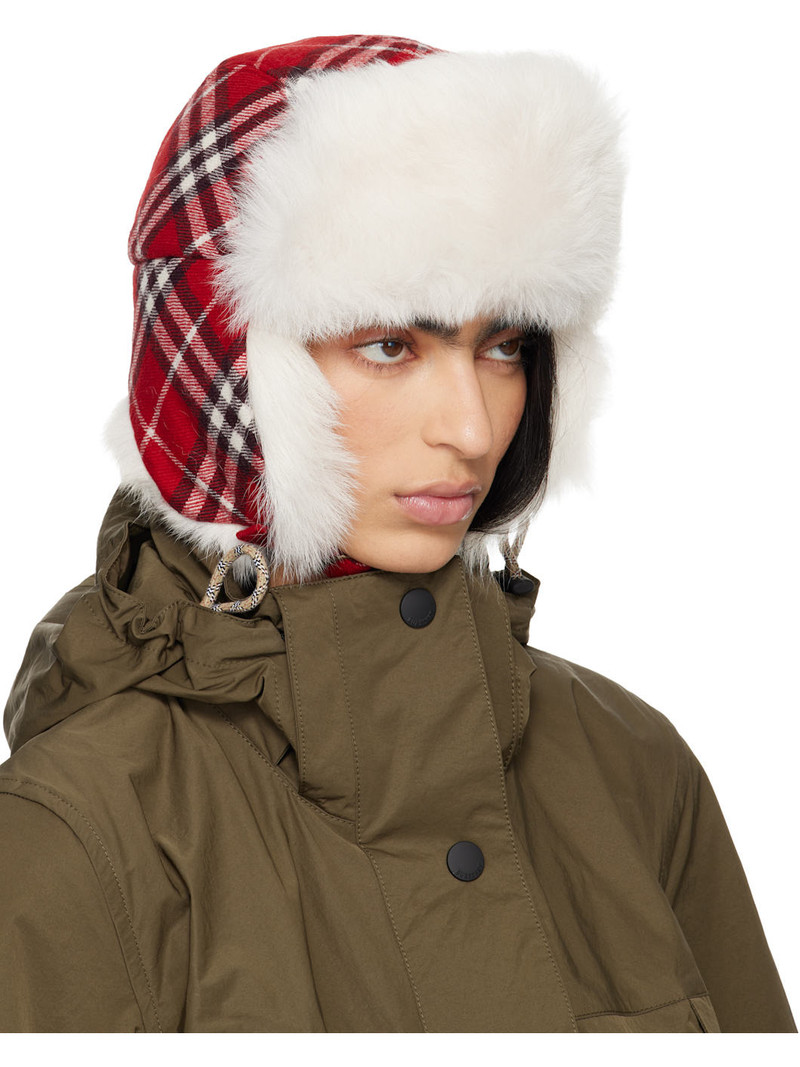 Burberry Red & Off-White Check Wool Trapper Hat outlook