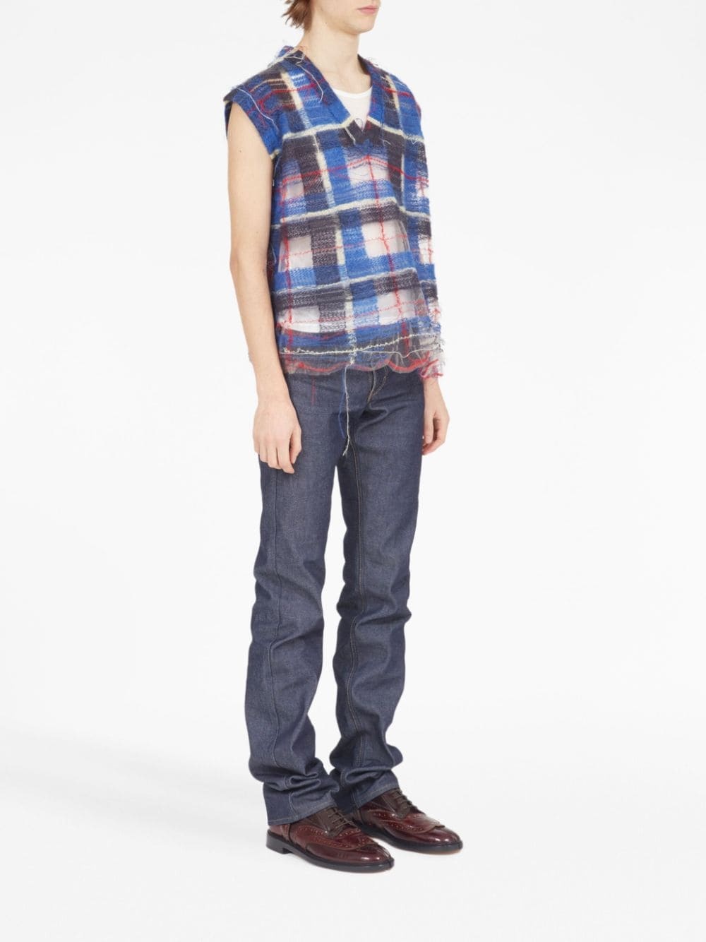 unfinished-effect plaid vest - 3