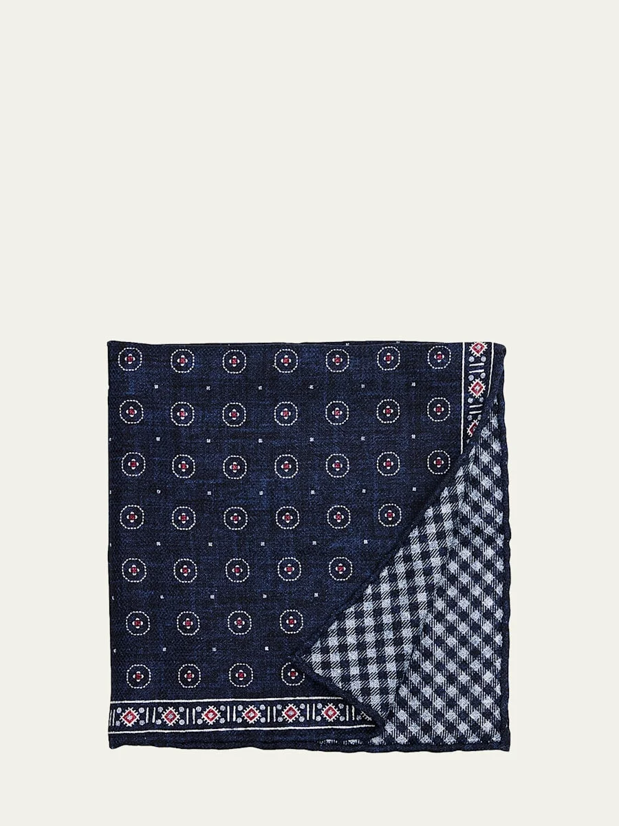 Men's Double-Face Geometric-Check Silk Pocket Square - 1