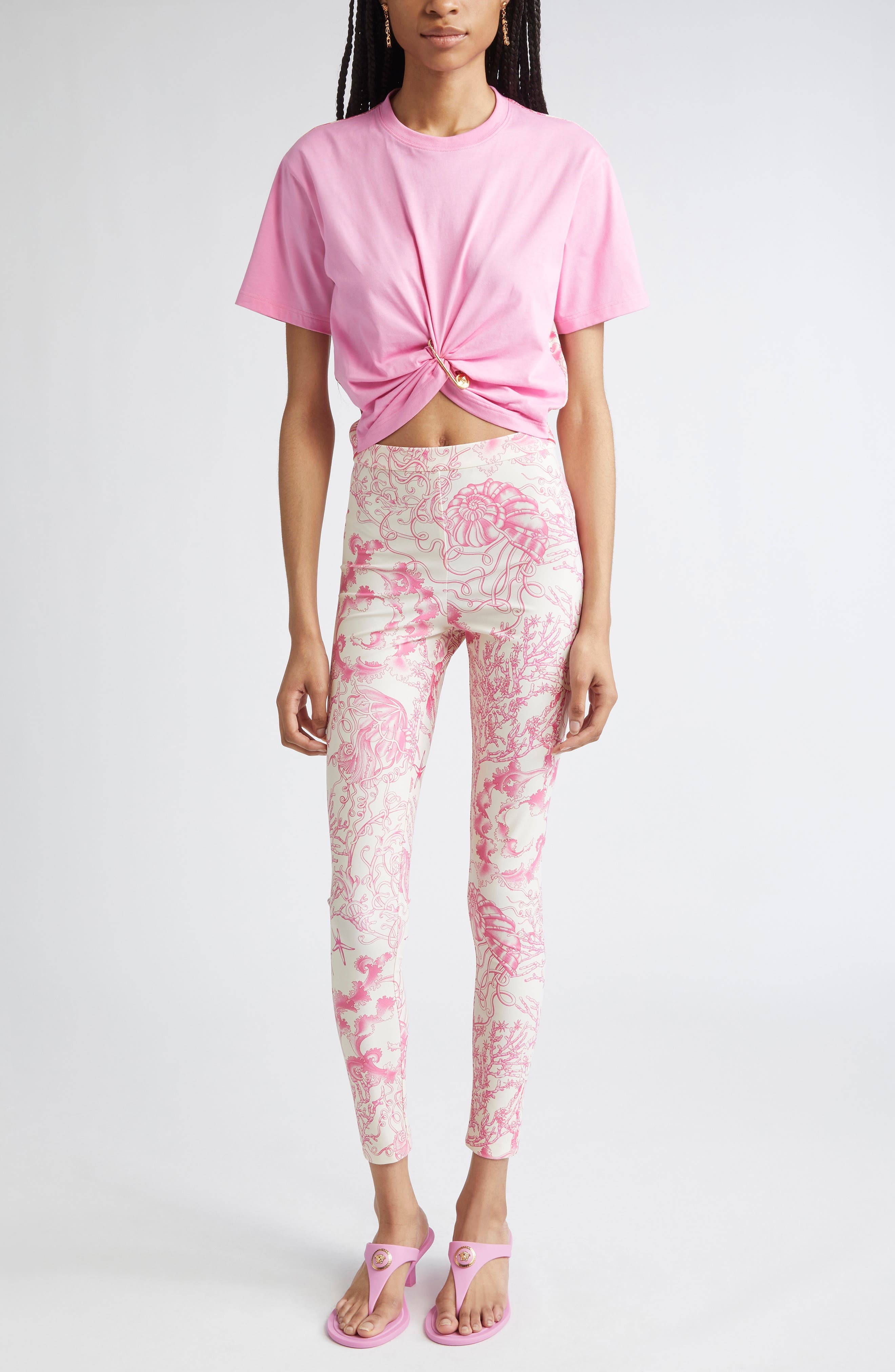 Versace Barocco Safety Pin Crop T-Shirt in Guava Multi Color at Nordstrom - 2