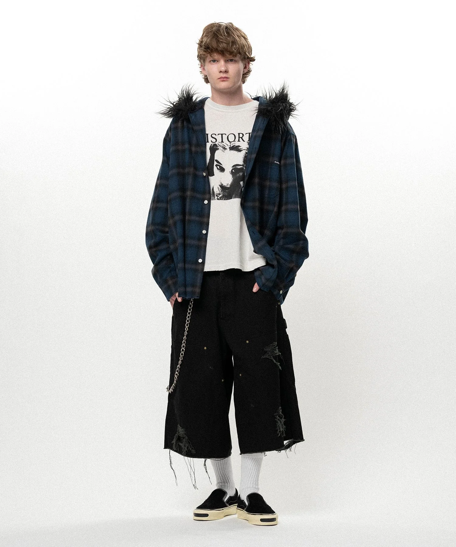 Fur-Trimmed Hooded Check Shirt - 1