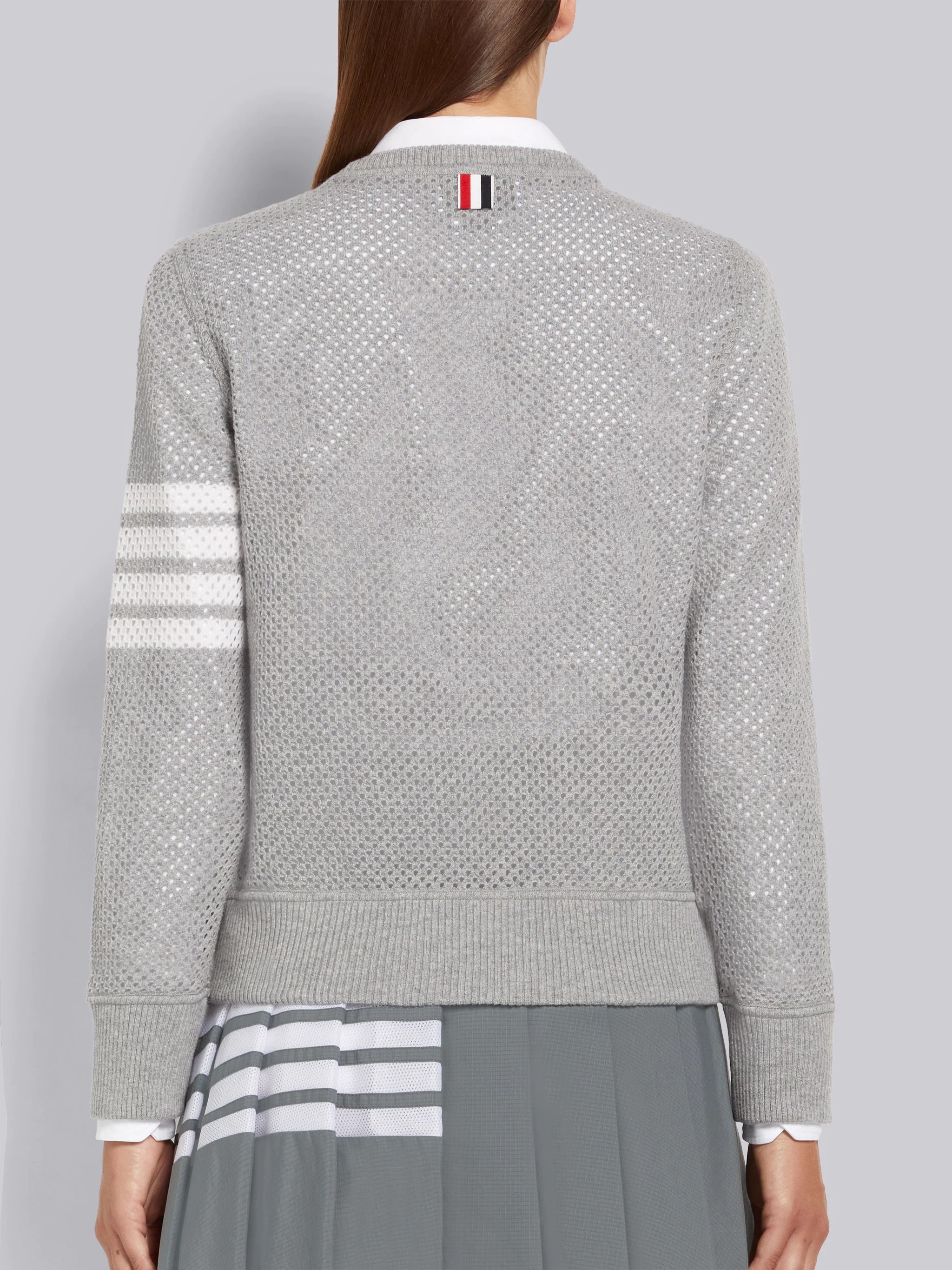 Light Grey Mesh Back Cashmere Mesh Engineered 4-Bar Crew Neck Pullover Sweatshirt - 3