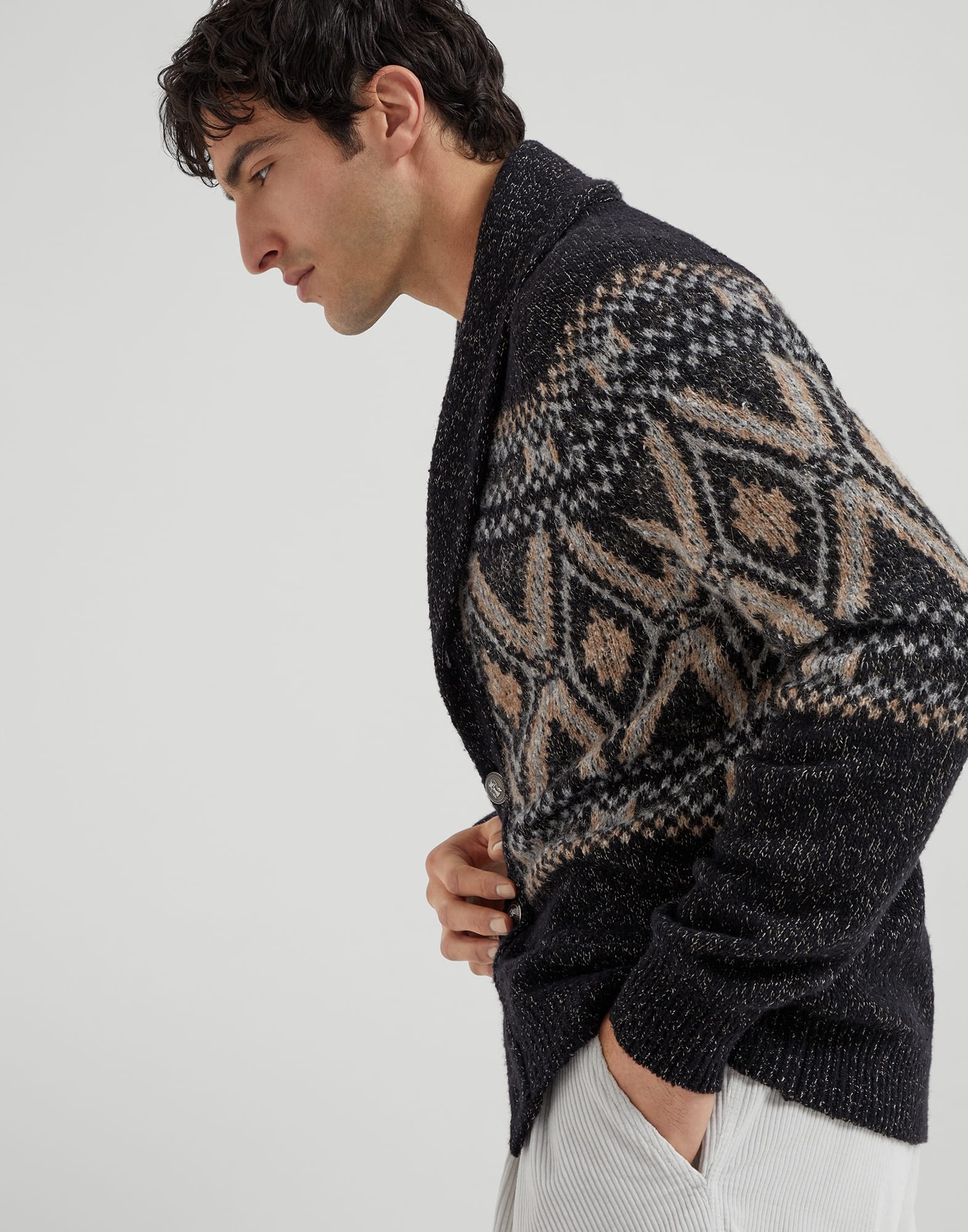 Geometric jacquard cardigan in mouliné virgin wool, silk and cashmere with metal buttons - 4