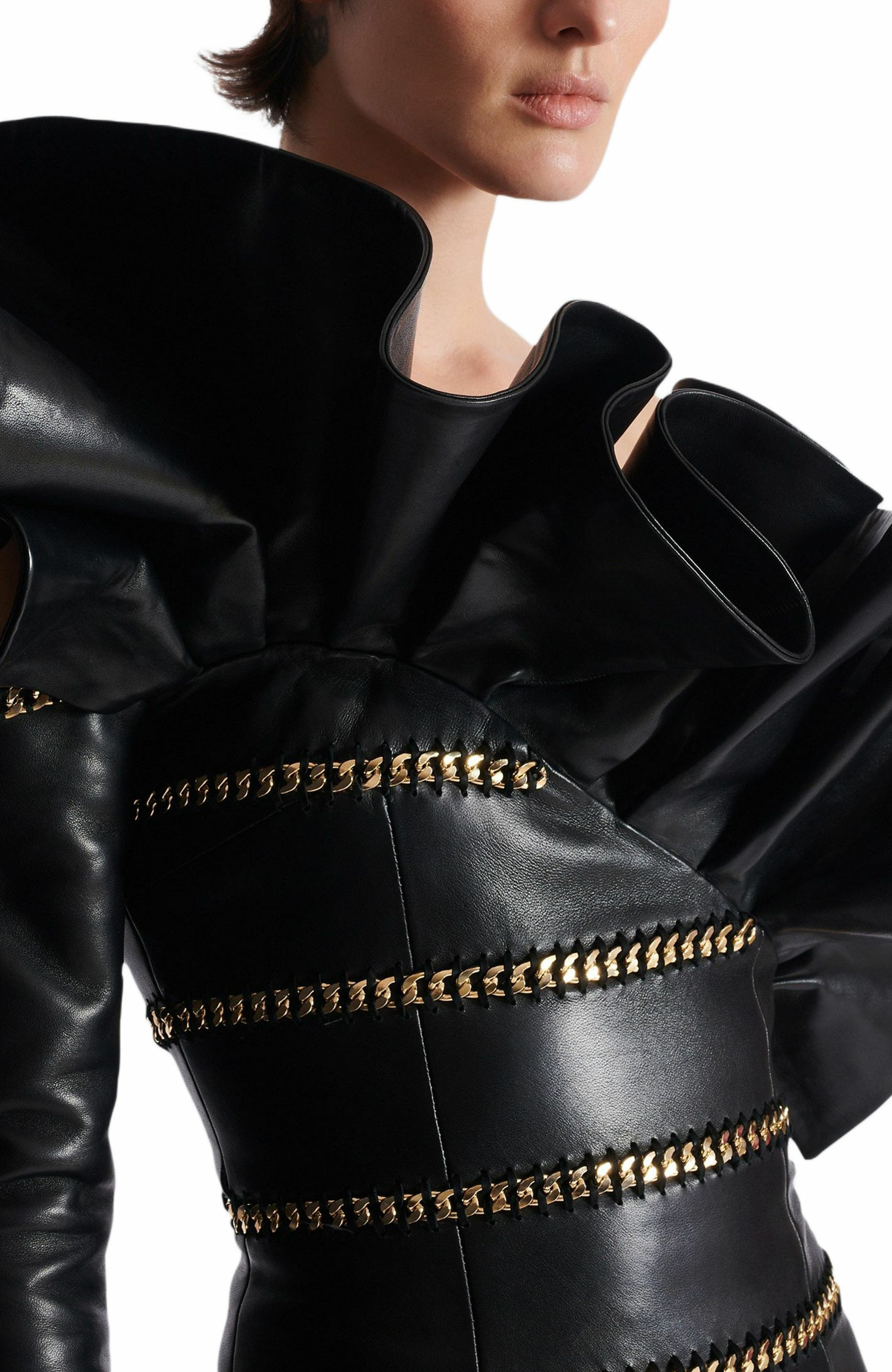 Balmain Asymmetric Leather Bodycon Dress With Chains in Black at Nordstrom - 6