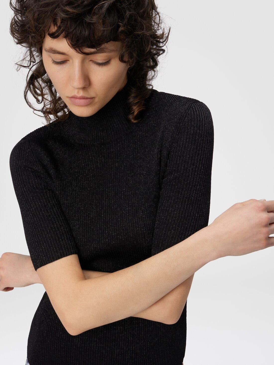 Mock Neck Sweater with Lamé Threads - 4