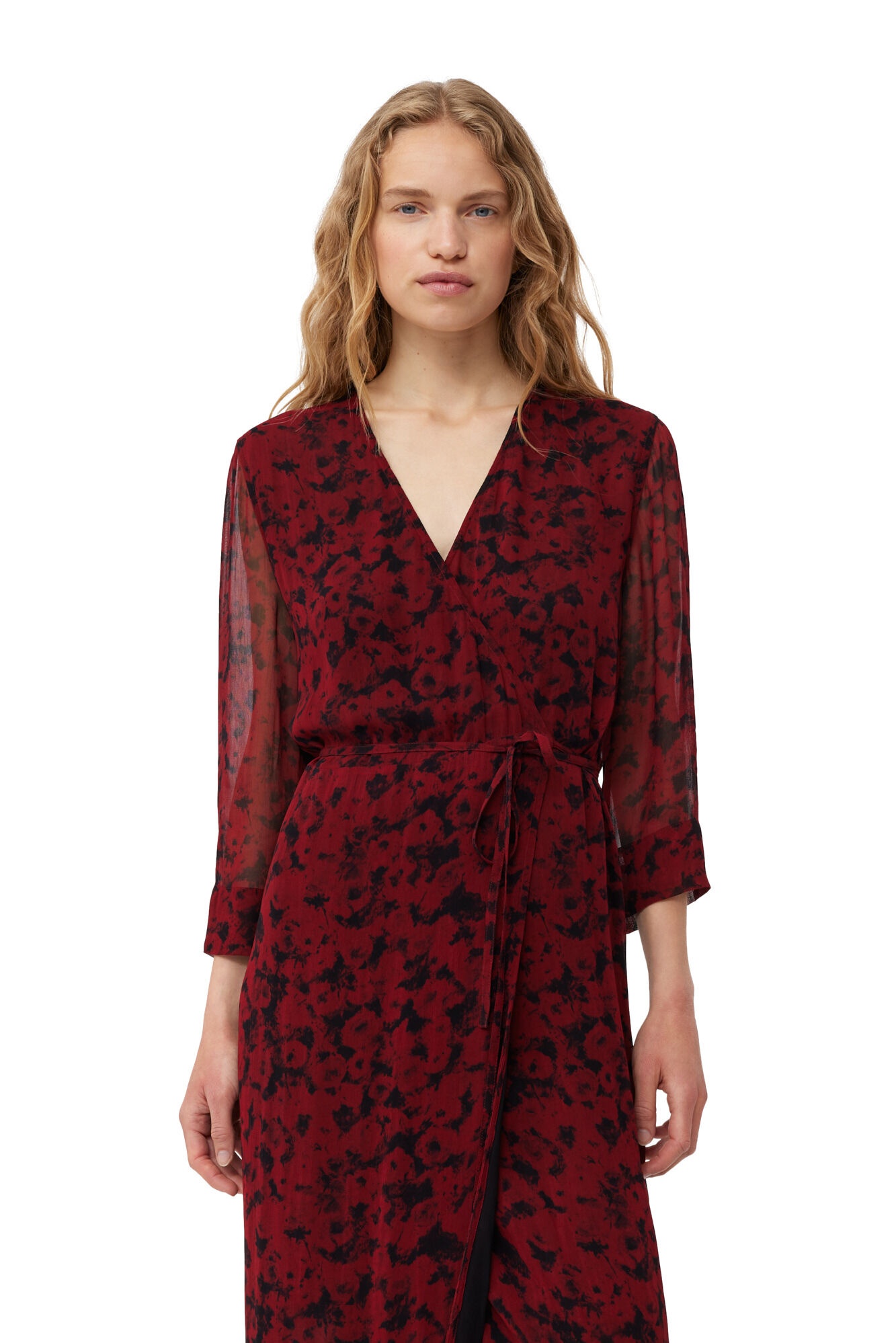 RED PRINTED LIGHT GEORGETTE WRAP MIDI DRESS - 5