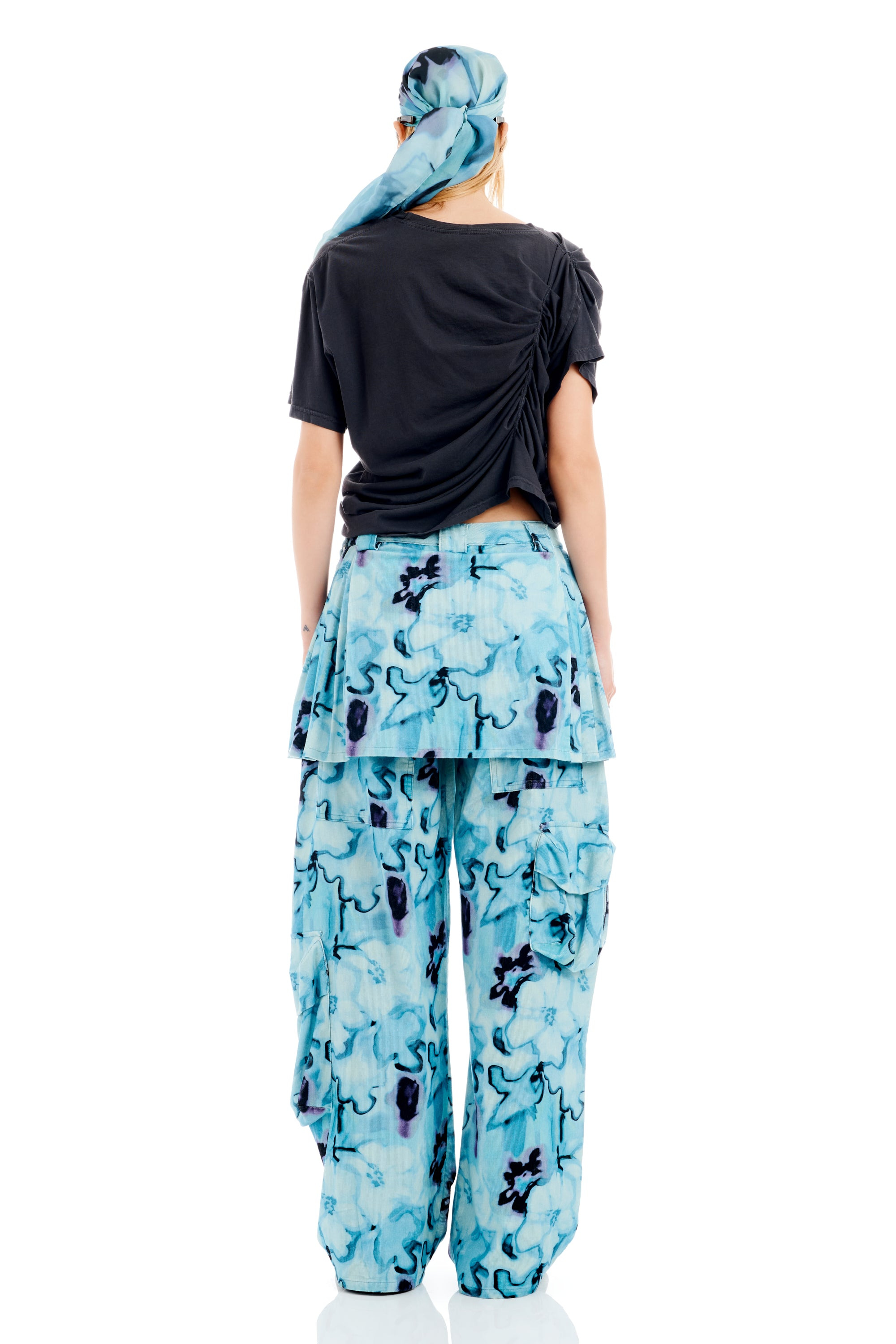 SKY WATERCOLOR FLORAL LAWN SKIRT CARGO PANT - 5