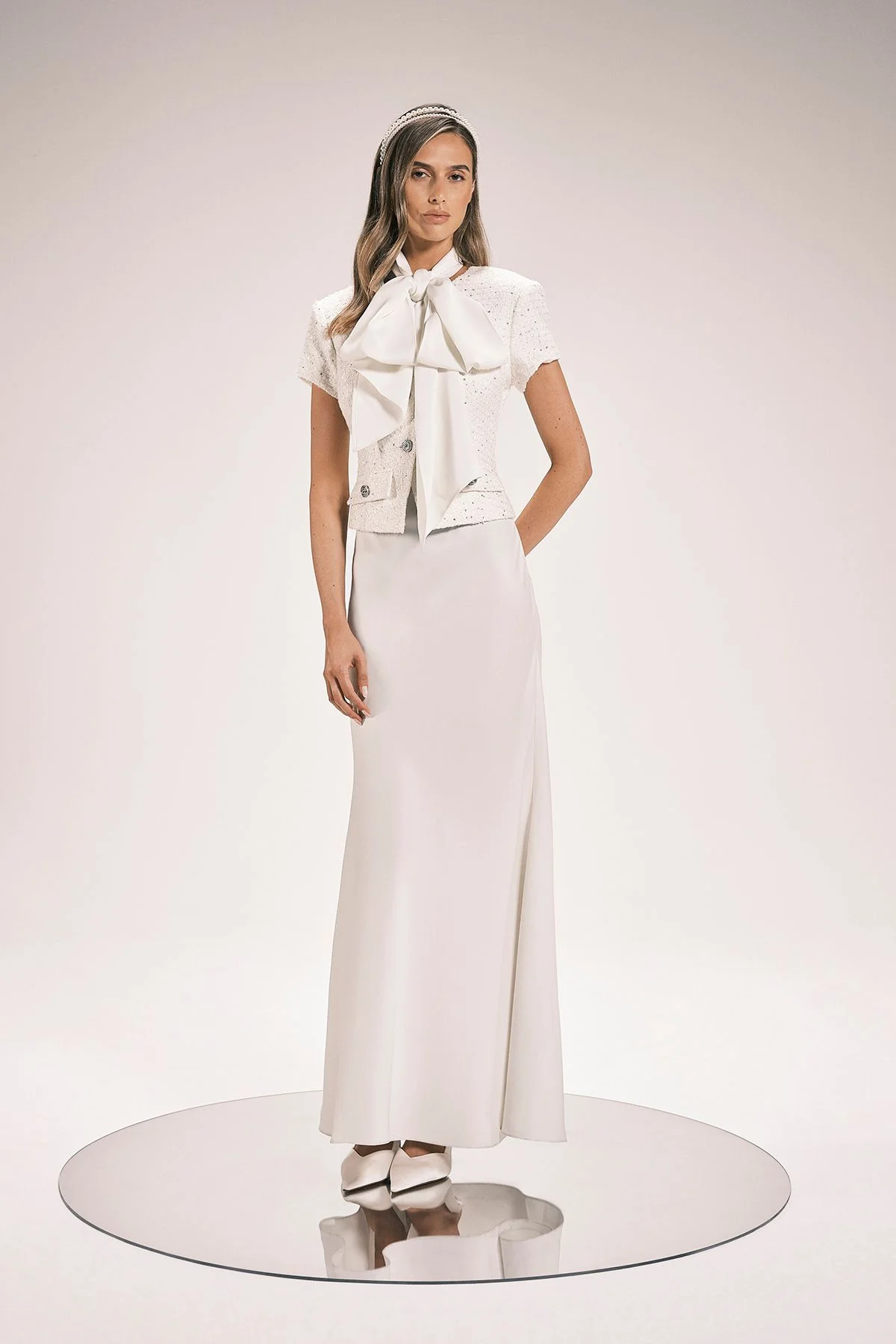 Boucle Tailored Tie Neck Satin Mix Midi Dress - 1