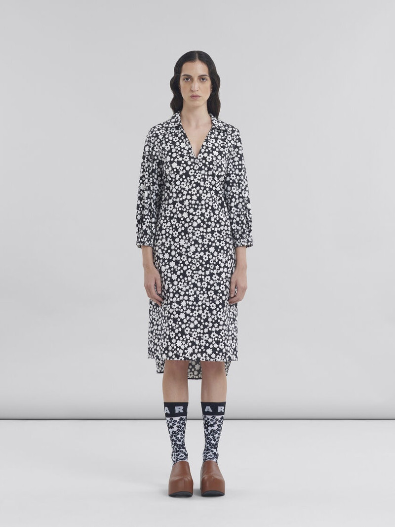 Marni BLACK AND WHITE COTTON POPLIN SHIRT DRESS WITH POP FIELDS MOTIF outlook