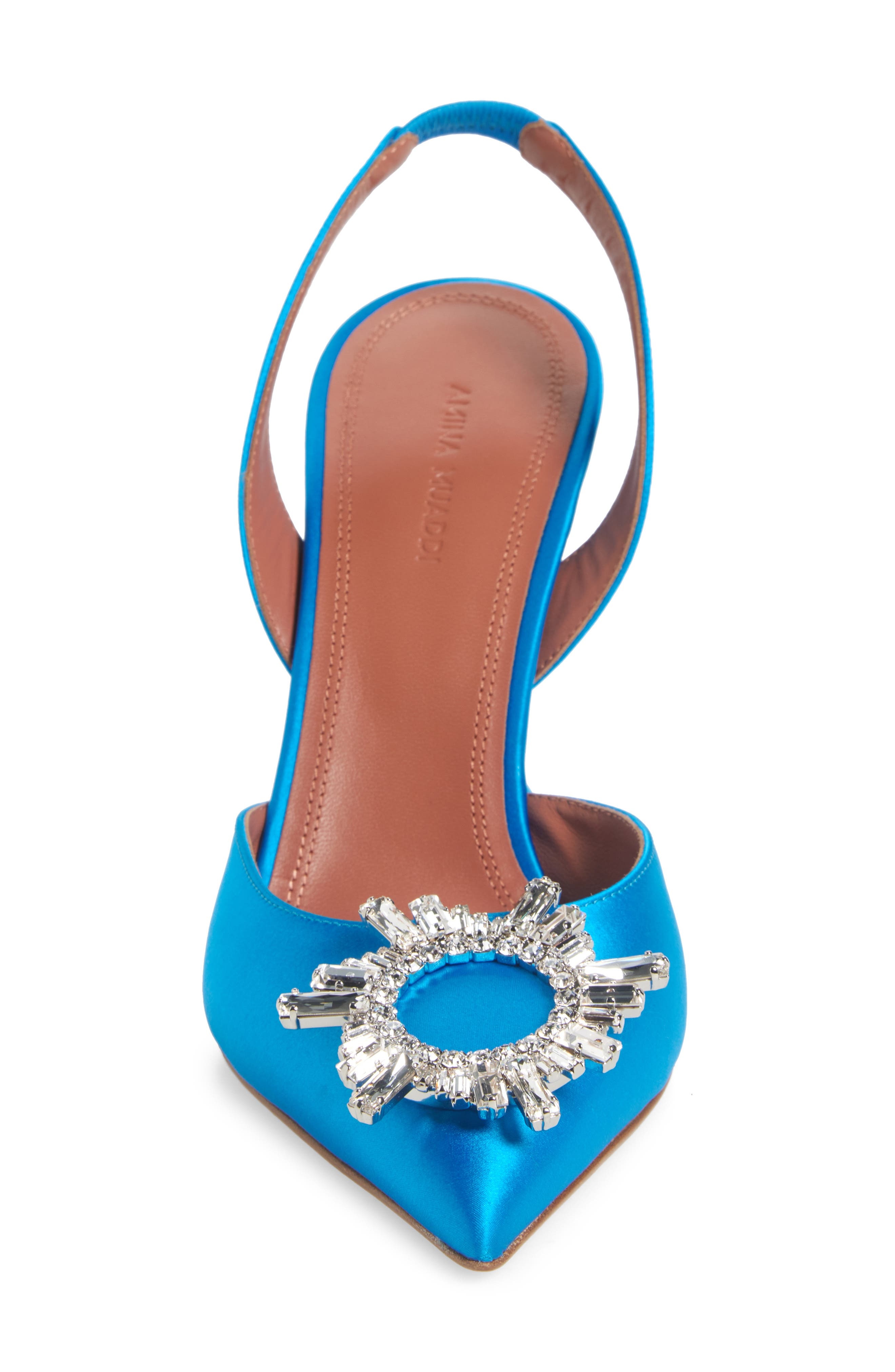 Amina Muaddi Begum Crystal Pointed Toe Slingback Pump in Satin Azur/White Crystal at Nordstrom - 4