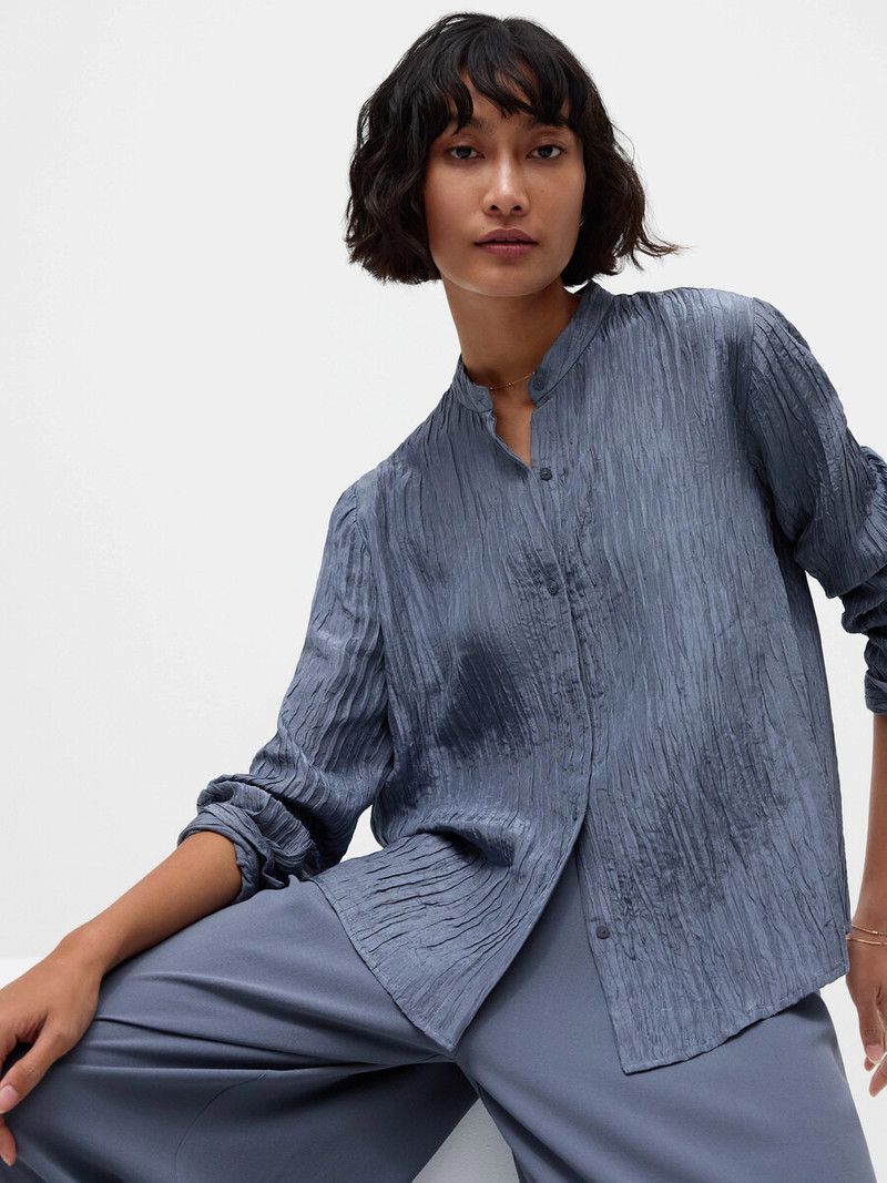 Textured Silk Jacquard Band Collar Shirt 7