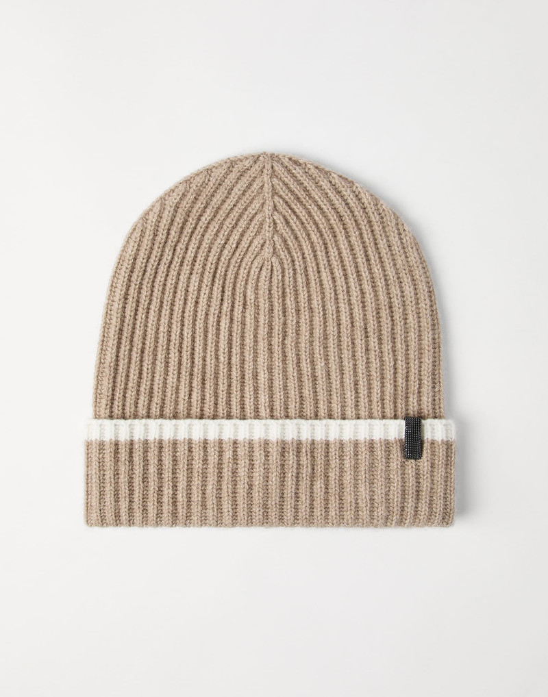 Cashmere English rib knit beanie with monili - 1