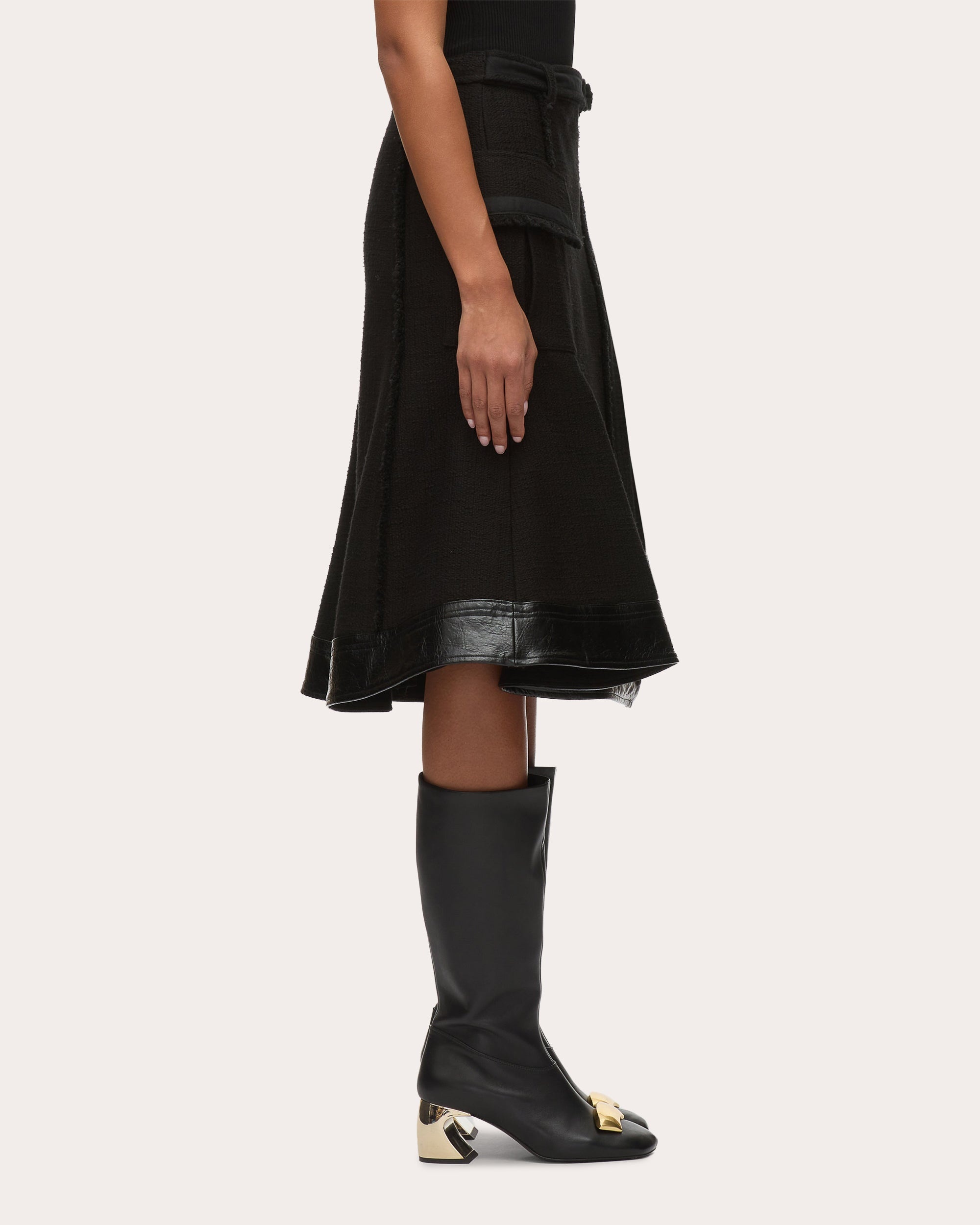 Belted Faux Leather-Trim Tweed Skirt - 3