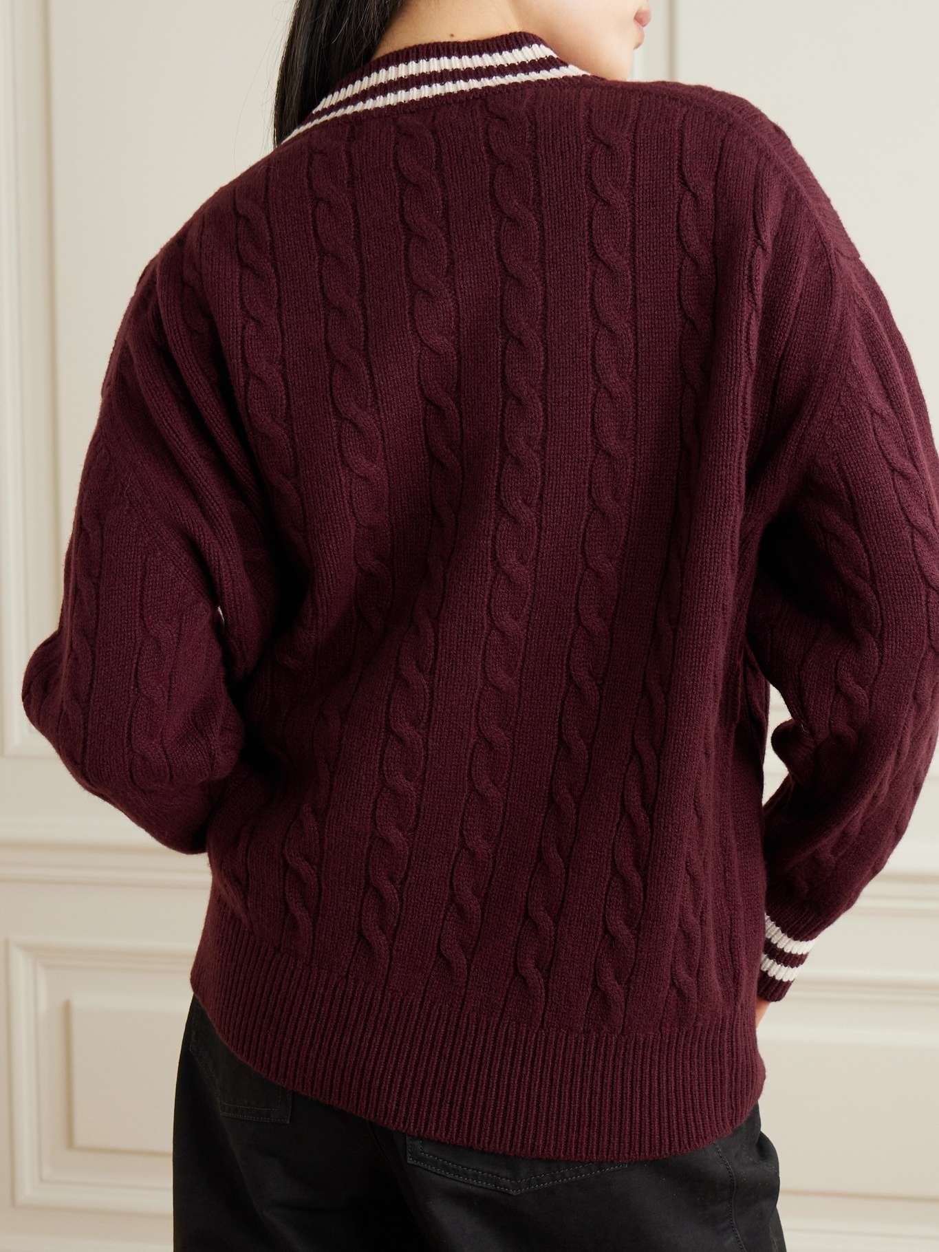Striped cable-knit wool and cashmere-blend sweater Burgundy - 3