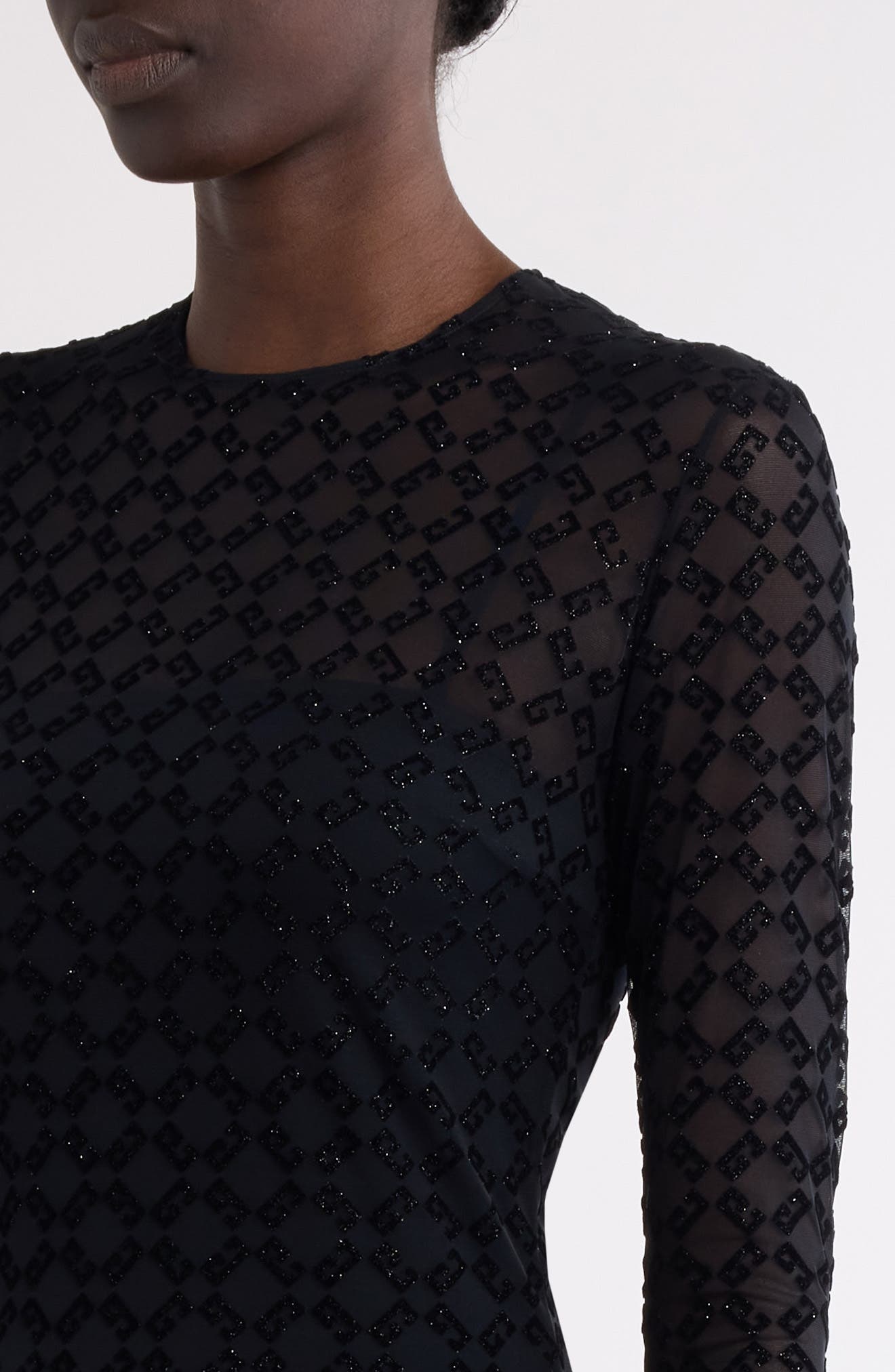 Givenchy Monogram 72 Glitter Flocked Long Sleeve Mesh Dress in Black/Silvery at Nordstrom - 5