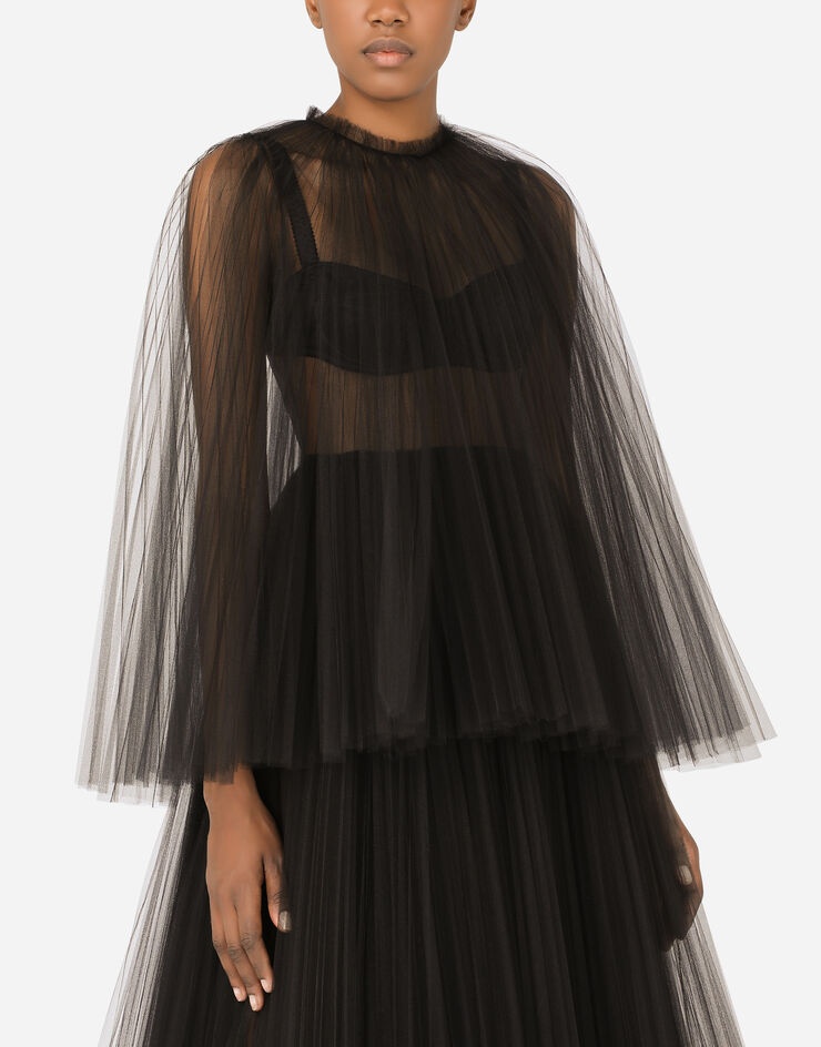 Tulle calf-length dress with sunray pleats and cape detail - 4