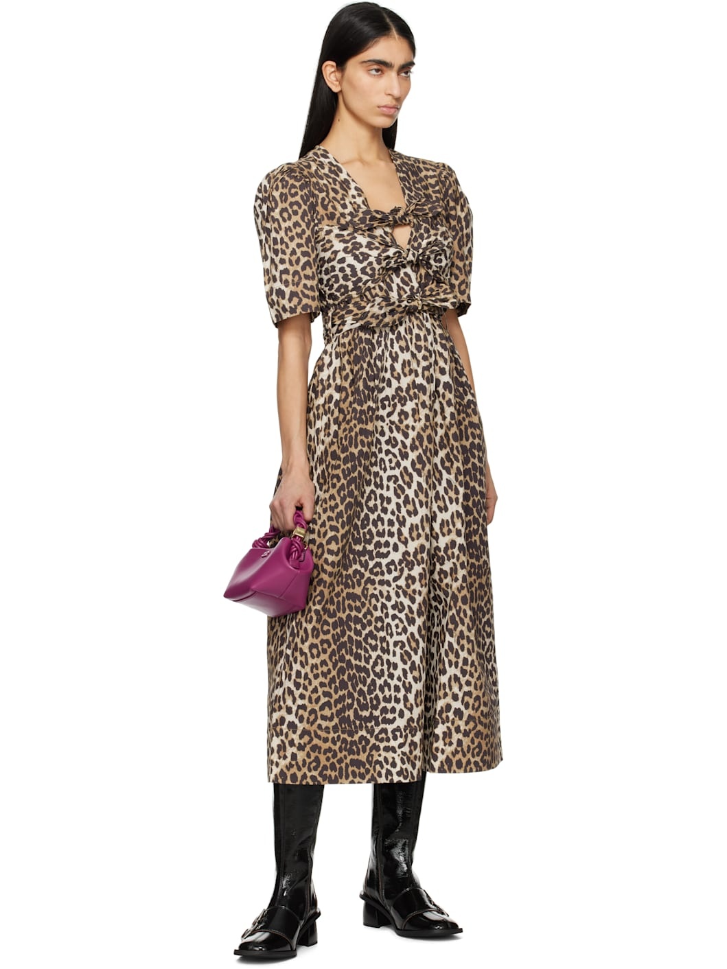 Beige & Brown Leopard Printed Cotton Tie Strap Midi Dress - 4